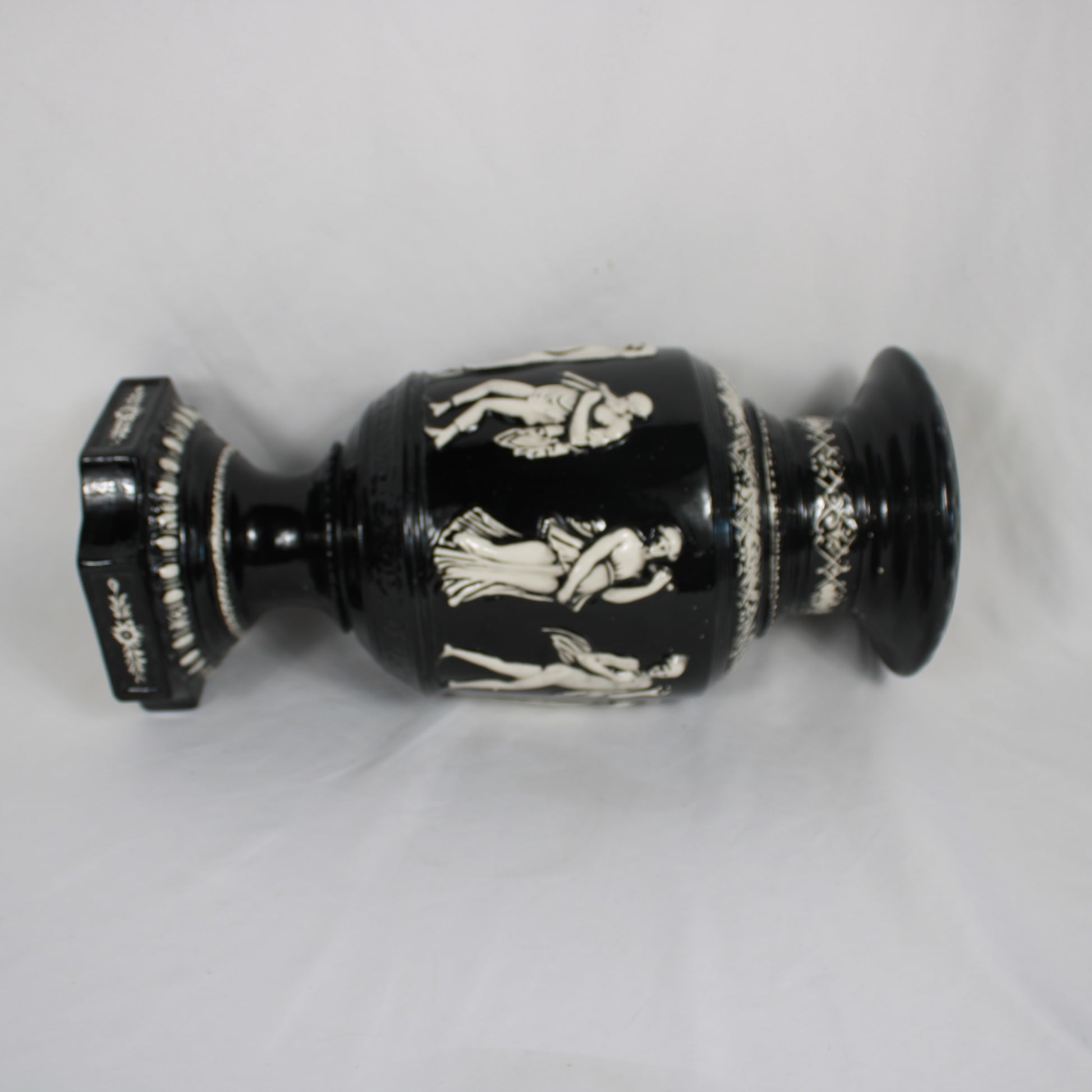 Arnel's Ceramic Lidded Urn, Black Glaze Classical Greco-Roman Relief