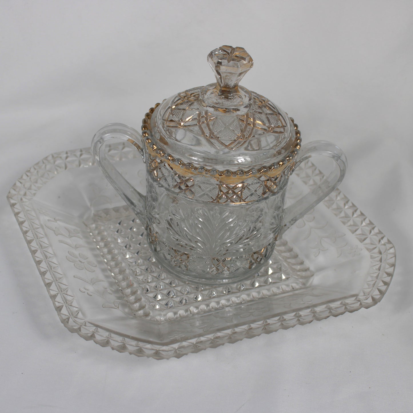 Gold-Trimmed Pressed Glass Lidded Sugar Bowl with Matching Tray
