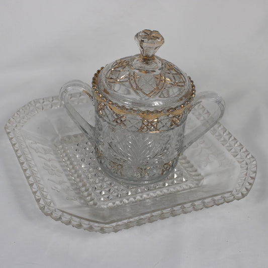 Gold-Trimmed Pressed Glass Lidded Sugar Bowl with Matching Tray