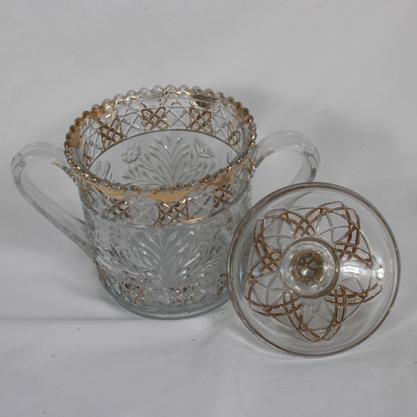 Gold-Trimmed Pressed Glass Lidded Sugar Bowl with Matching Tray