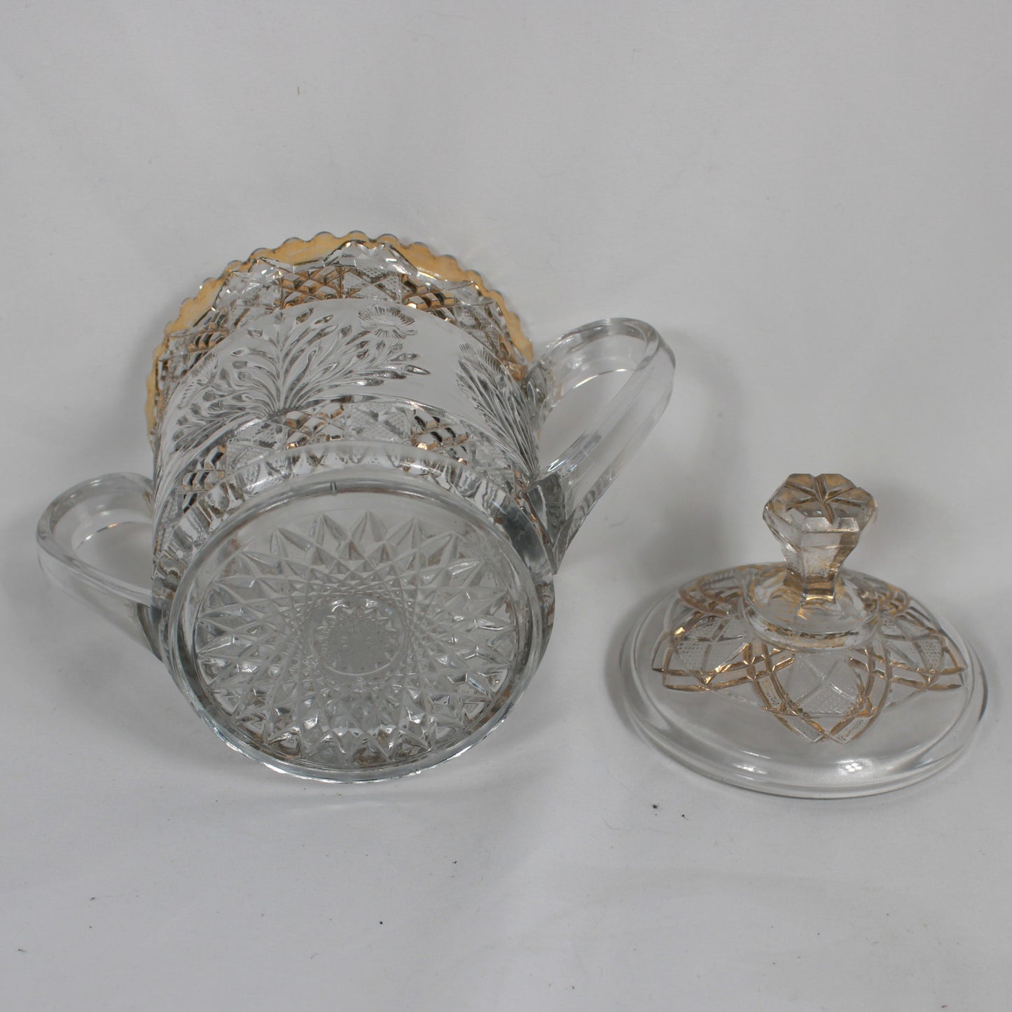 Gold-Trimmed Pressed Glass Lidded Sugar Bowl with Matching Tray
