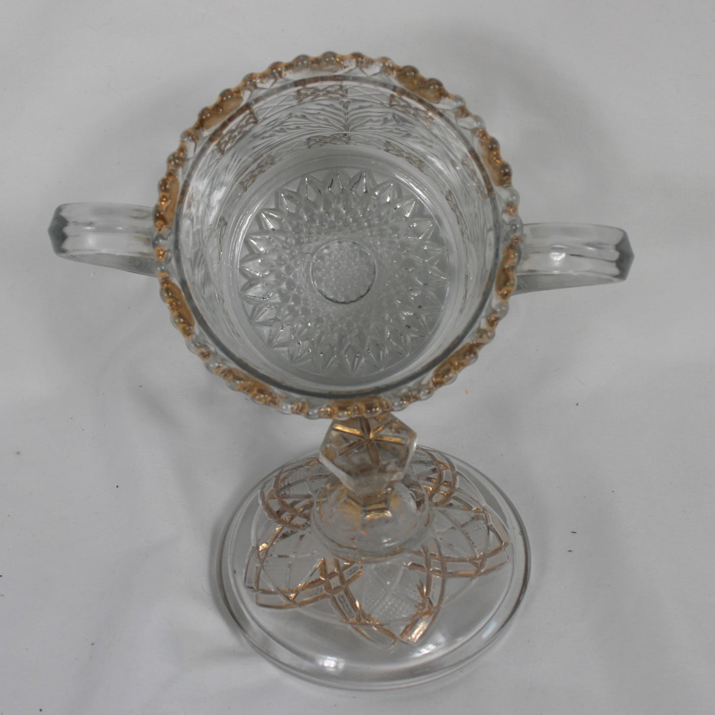 Gold-Trimmed Pressed Glass Lidded Sugar Bowl with Matching Tray