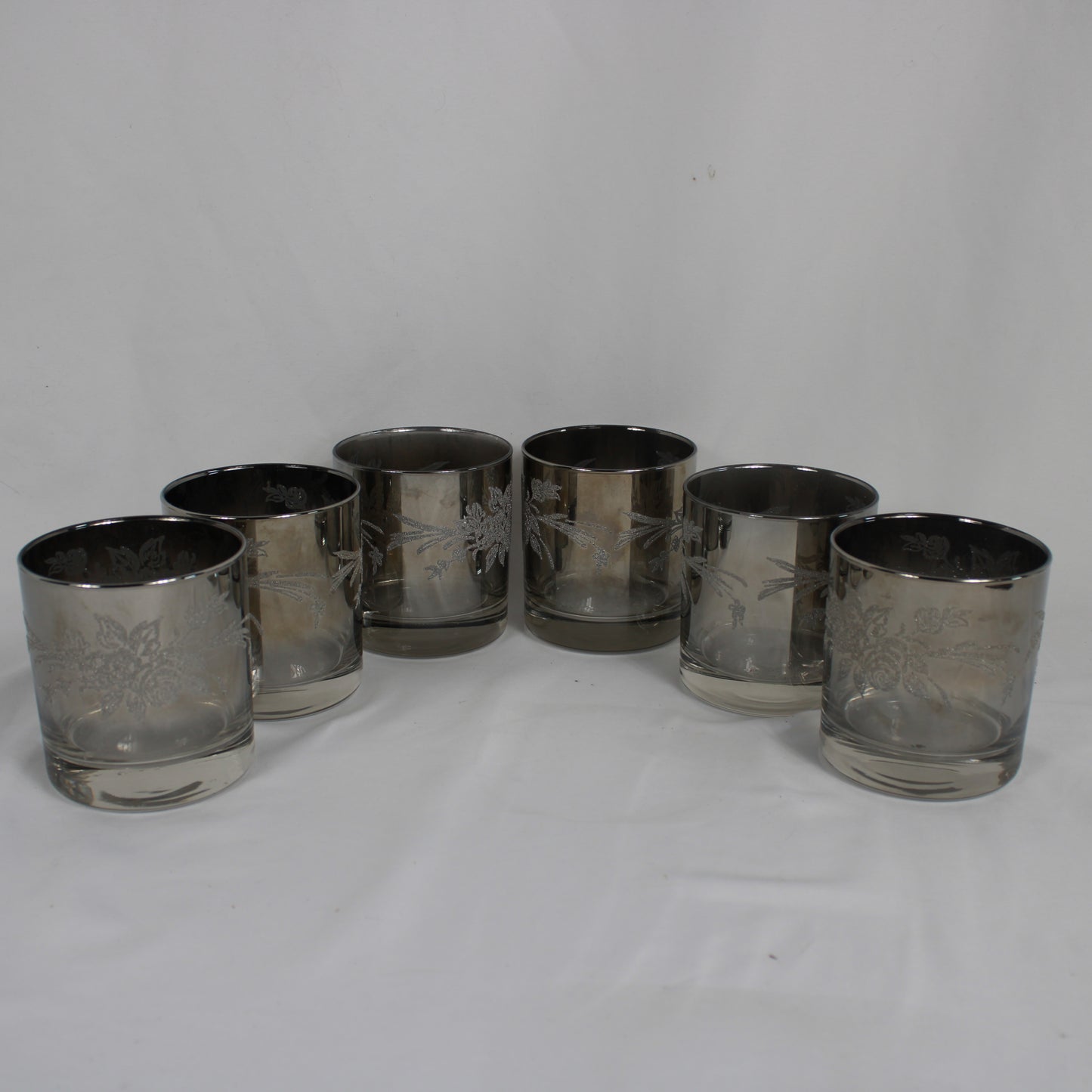 Smoky Silver Overlay Floral Lowball Glasses - Set of 6