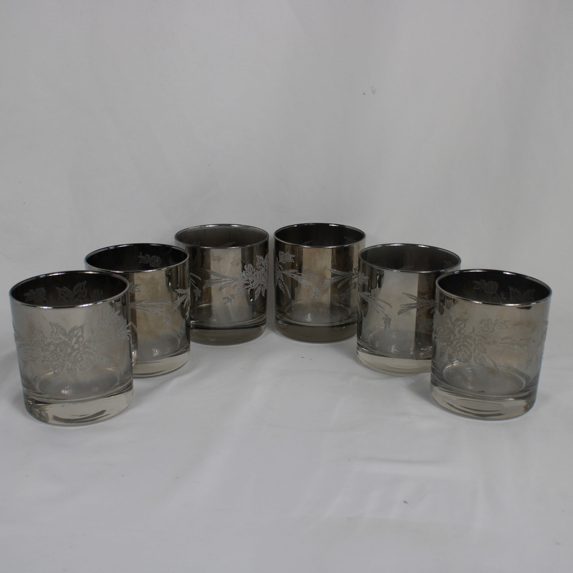 Smoky Silver Overlay Floral Lowball Glasses - Set of 6