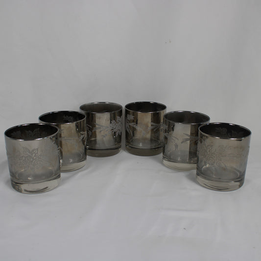 Smoky Silver Overlay Floral Lowball Glasses - Set of 6