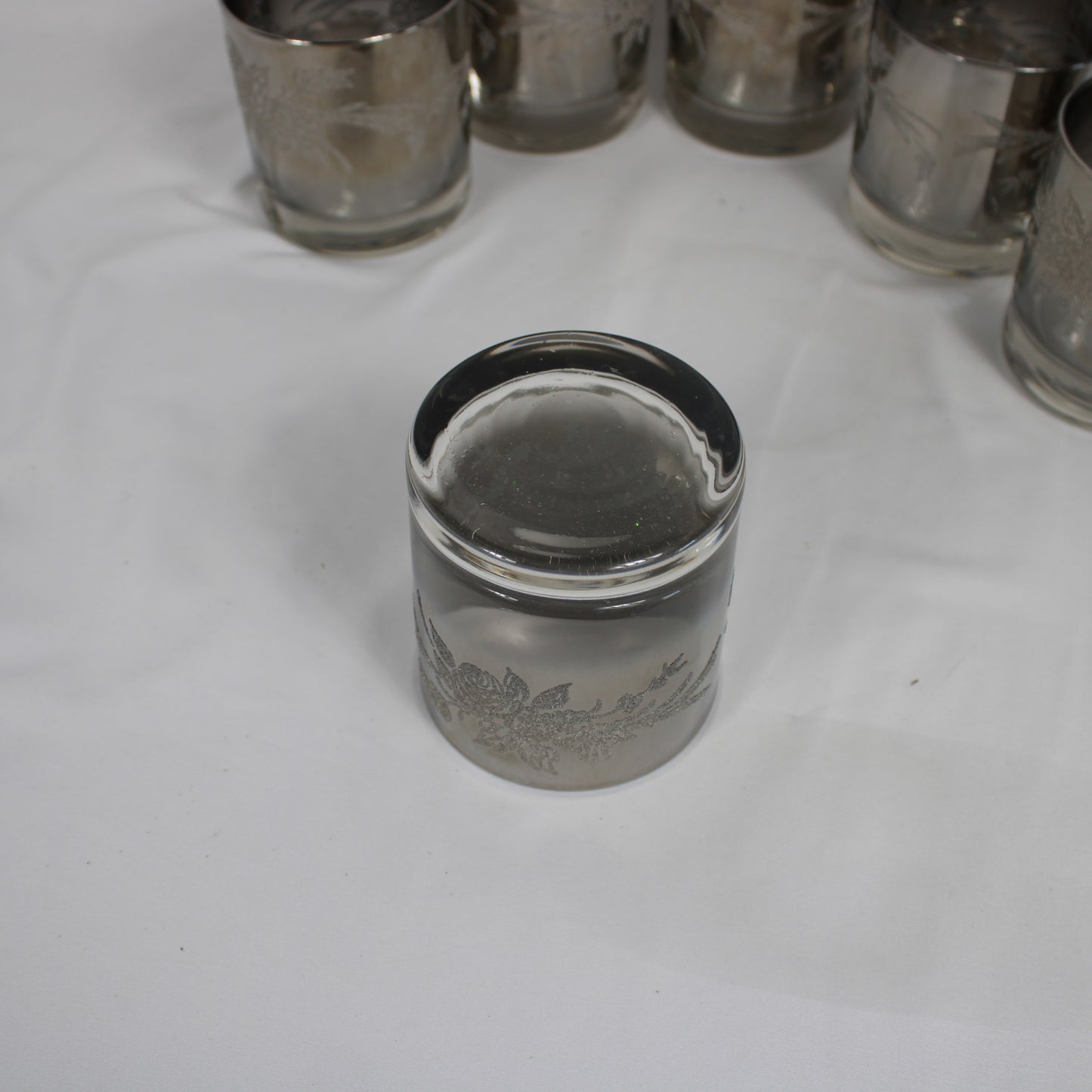 Smoky Silver Overlay Floral Lowball Glasses - Set of 6