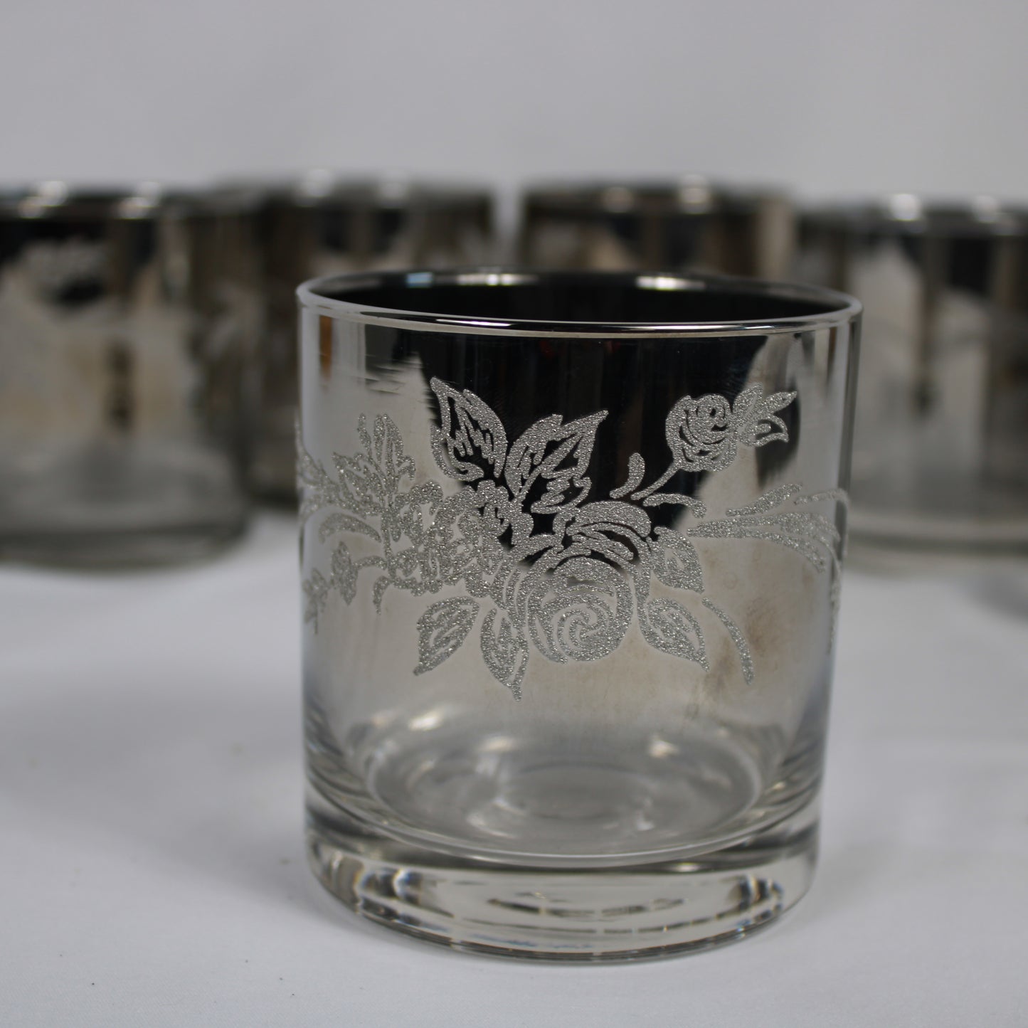 Smoky Silver Overlay Floral Lowball Glasses - Set of 6