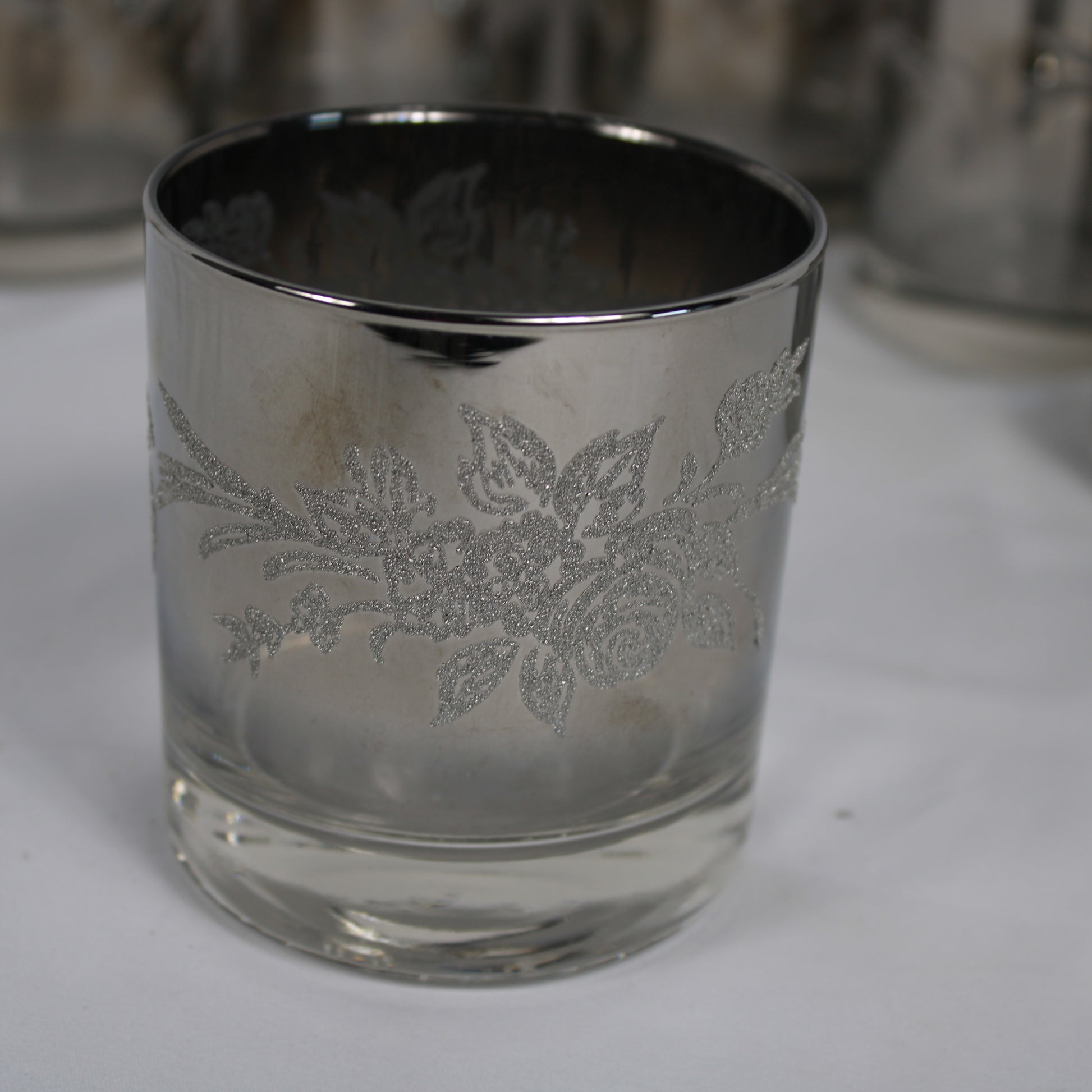 Smoky Silver Overlay Floral Lowball Glasses - Set of 6