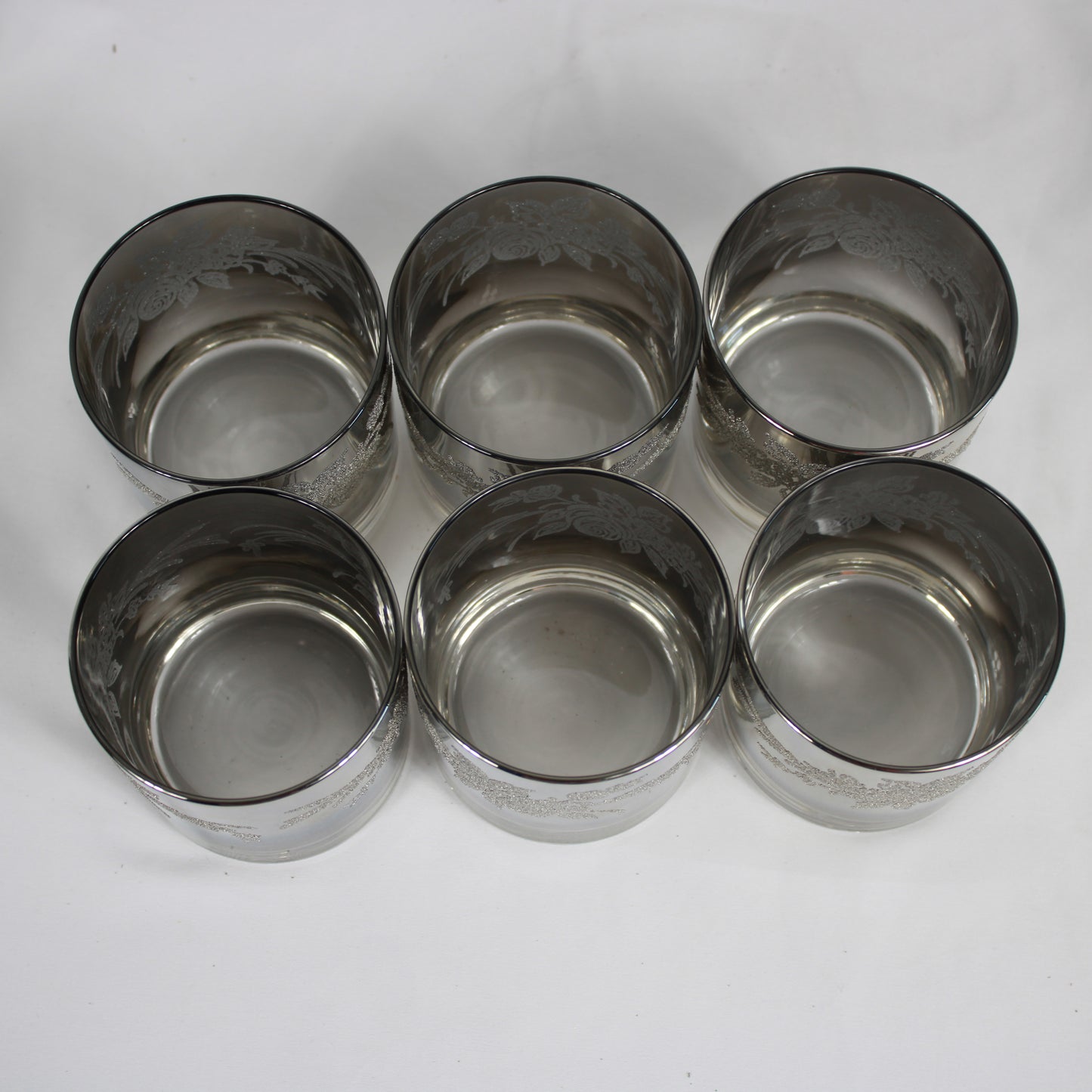 Smoky Silver Overlay Floral Lowball Glasses - Set of 6