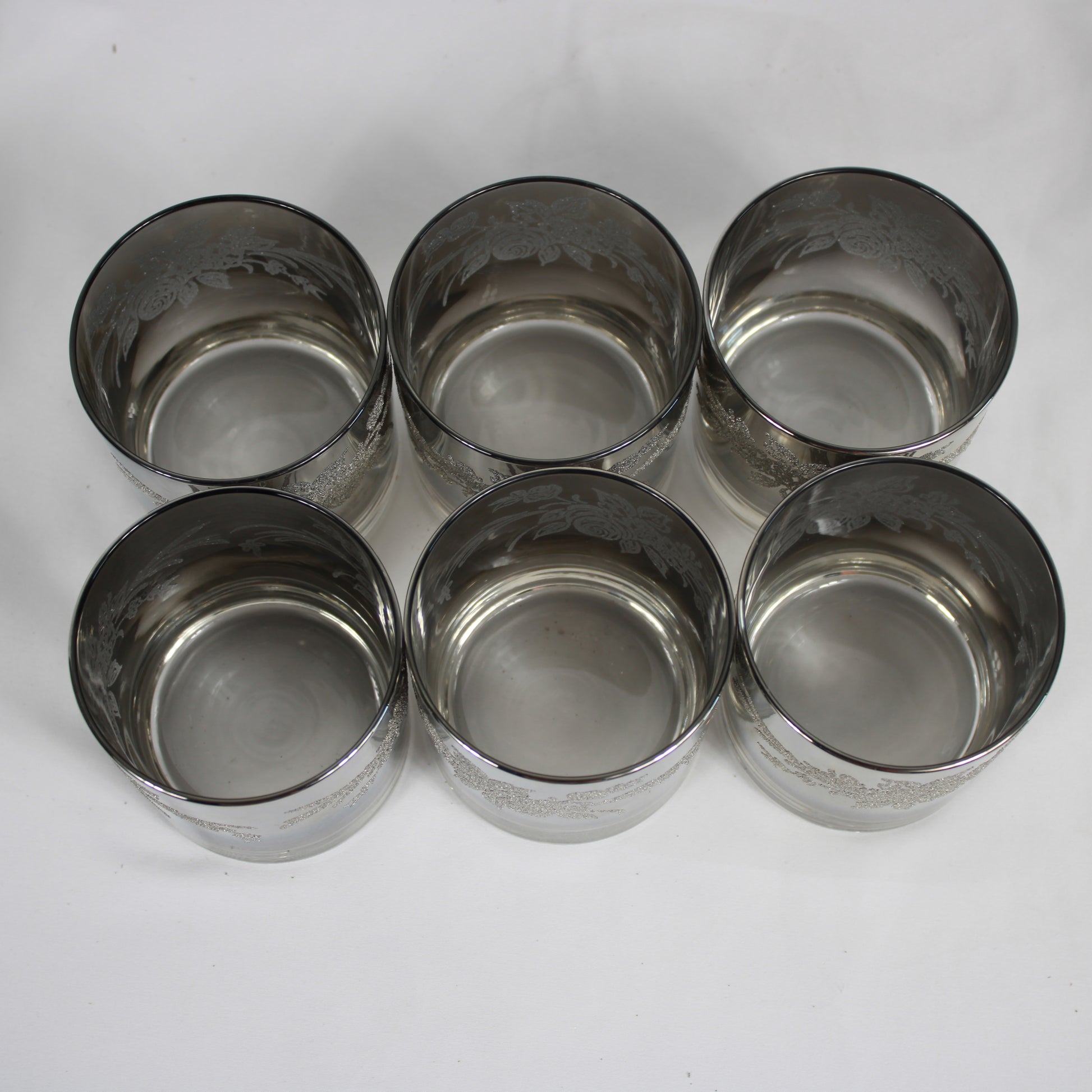 Smoky Silver Overlay Floral Lowball Glasses - Set of 6