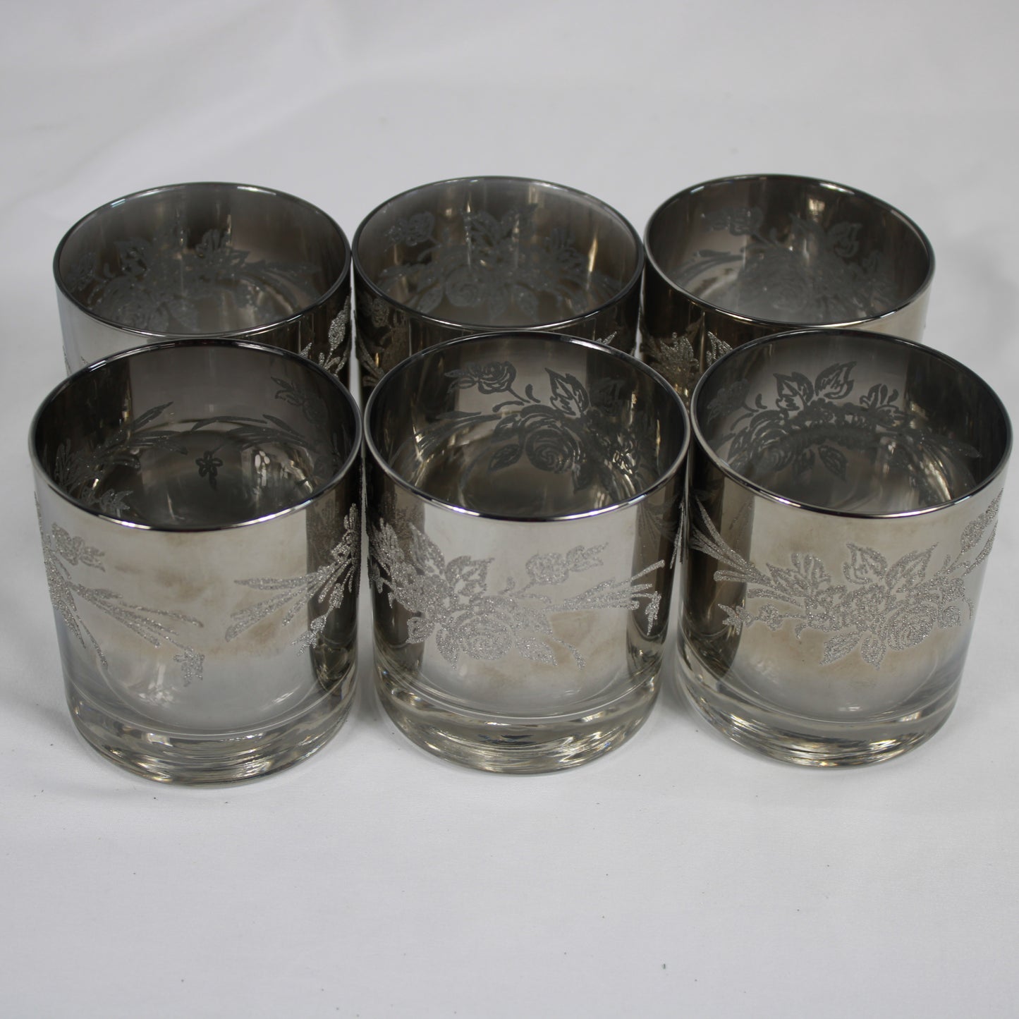 Smoky Silver Overlay Floral Lowball Glasses - Set of 6