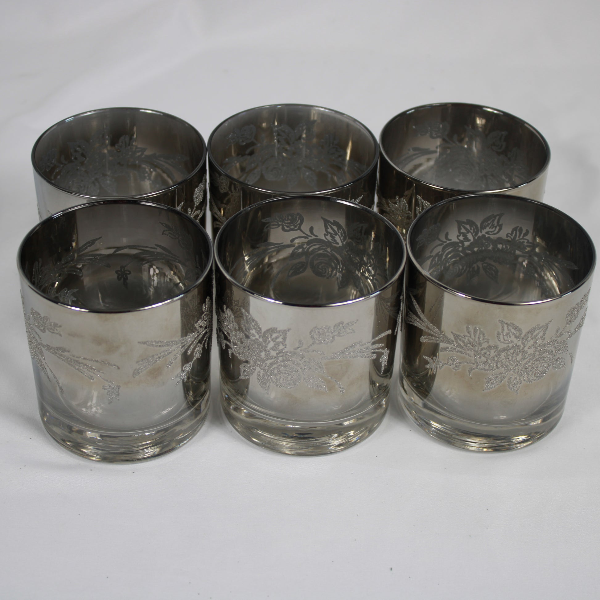 Smoky Silver Overlay Floral Lowball Glasses - Set of 6