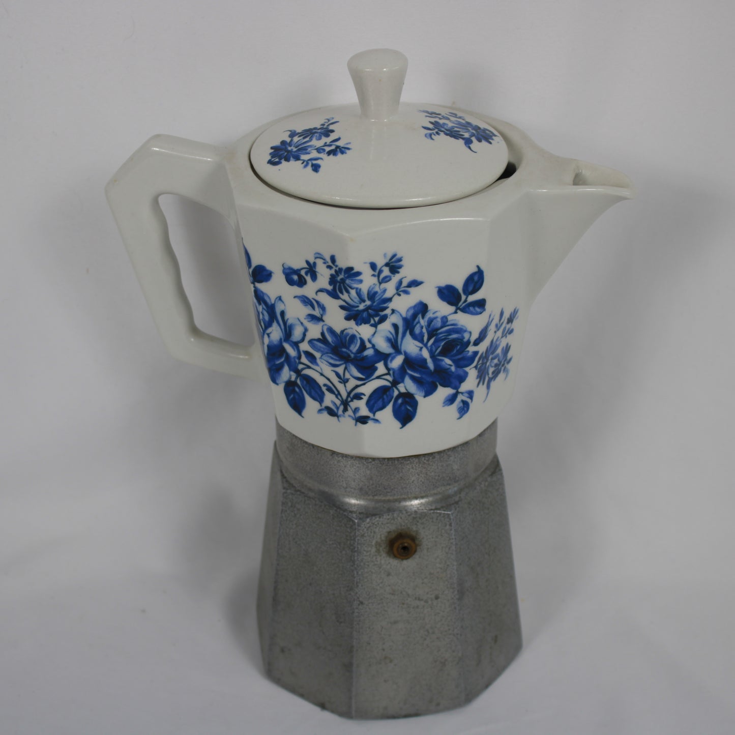 Flory Express Italian Ceramic and Aluminum Moka Pot Espresso Maker, Blue Floral