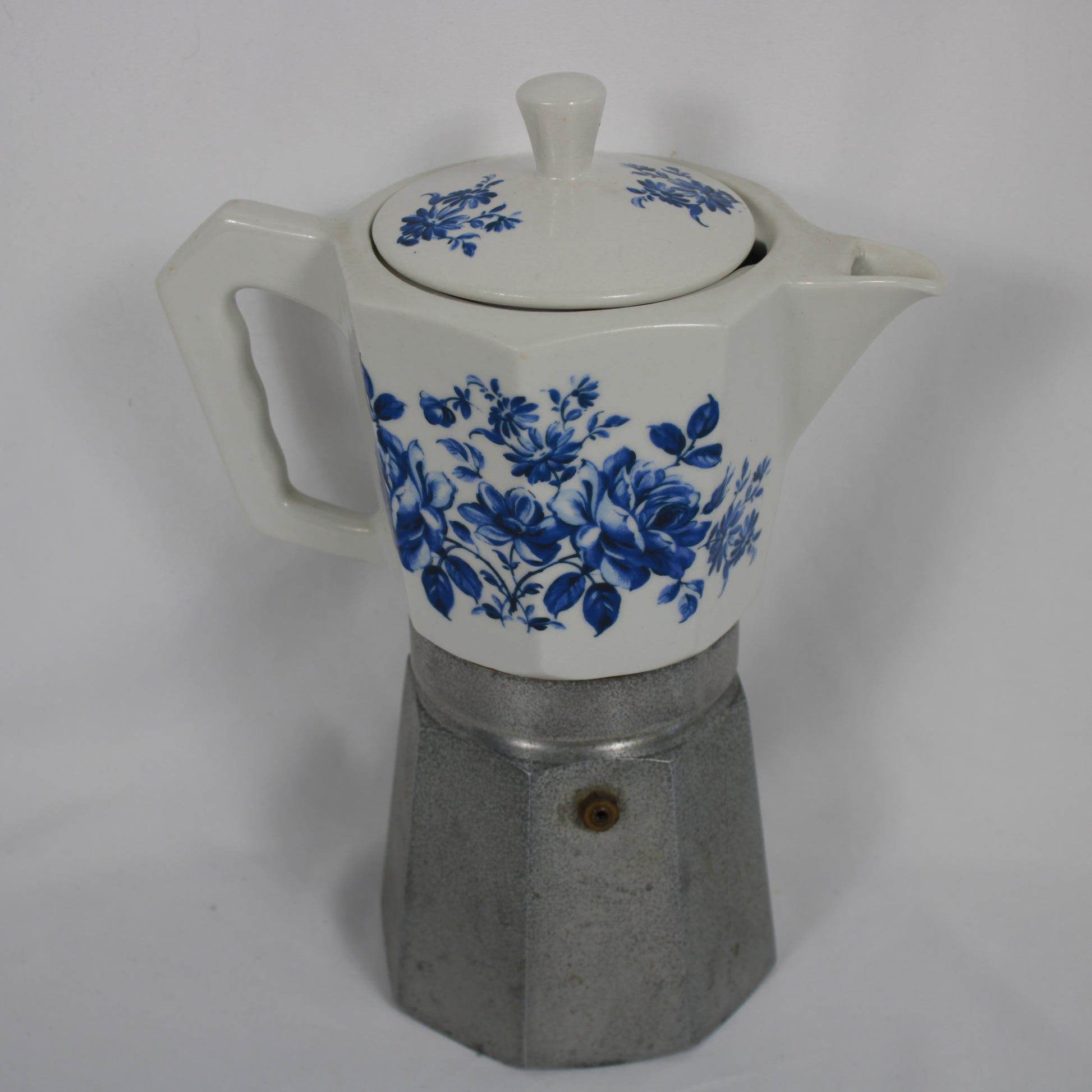 Flory Express Italian Ceramic and Aluminum Moka Pot Espresso Maker, Blue Floral
