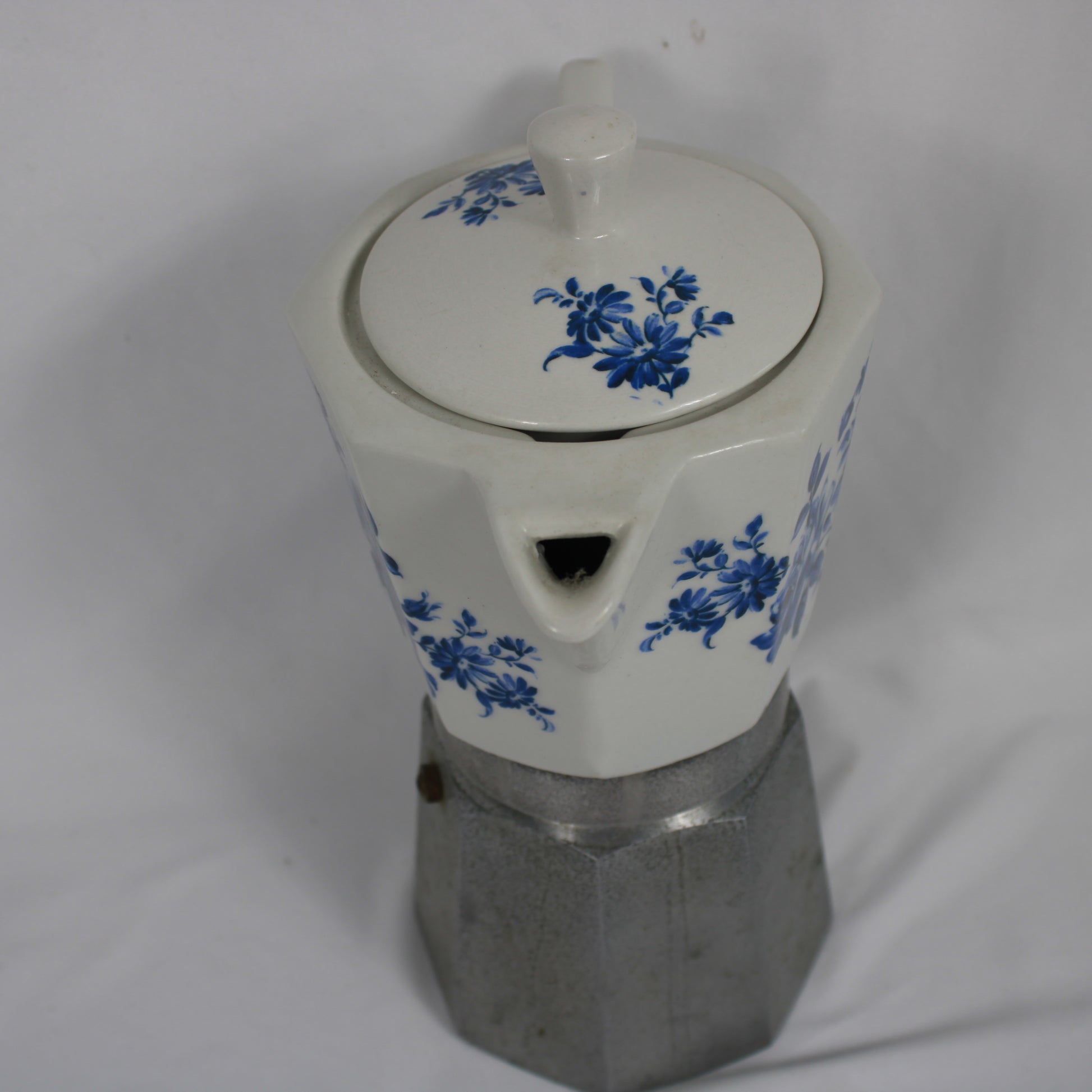 Flory Express Italian Ceramic and Aluminum Moka Pot Espresso Maker, Blue Floral