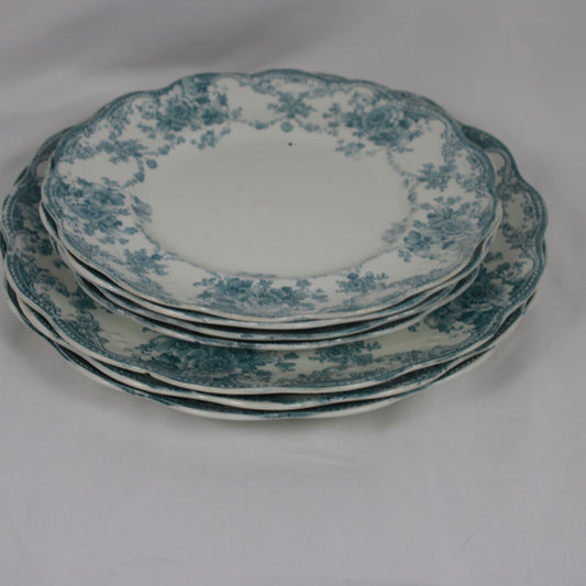 Bishop & Stonier Bexley Flow Blue Plates - Set of 7 Scalloped Dinner and Bread Plates
