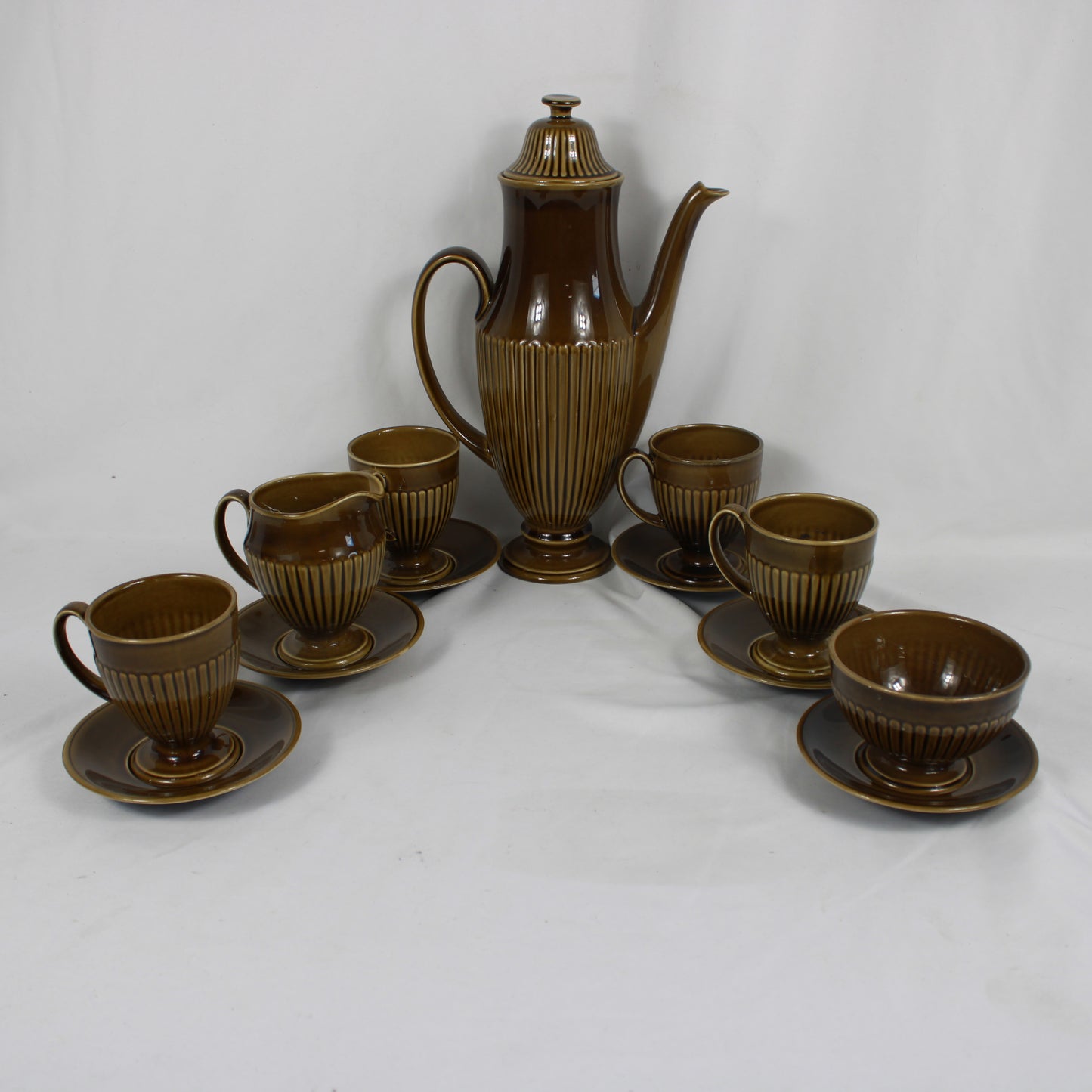 Carlton Ware English Pottery Brown Fluted Coffee Set - 12 Pieces