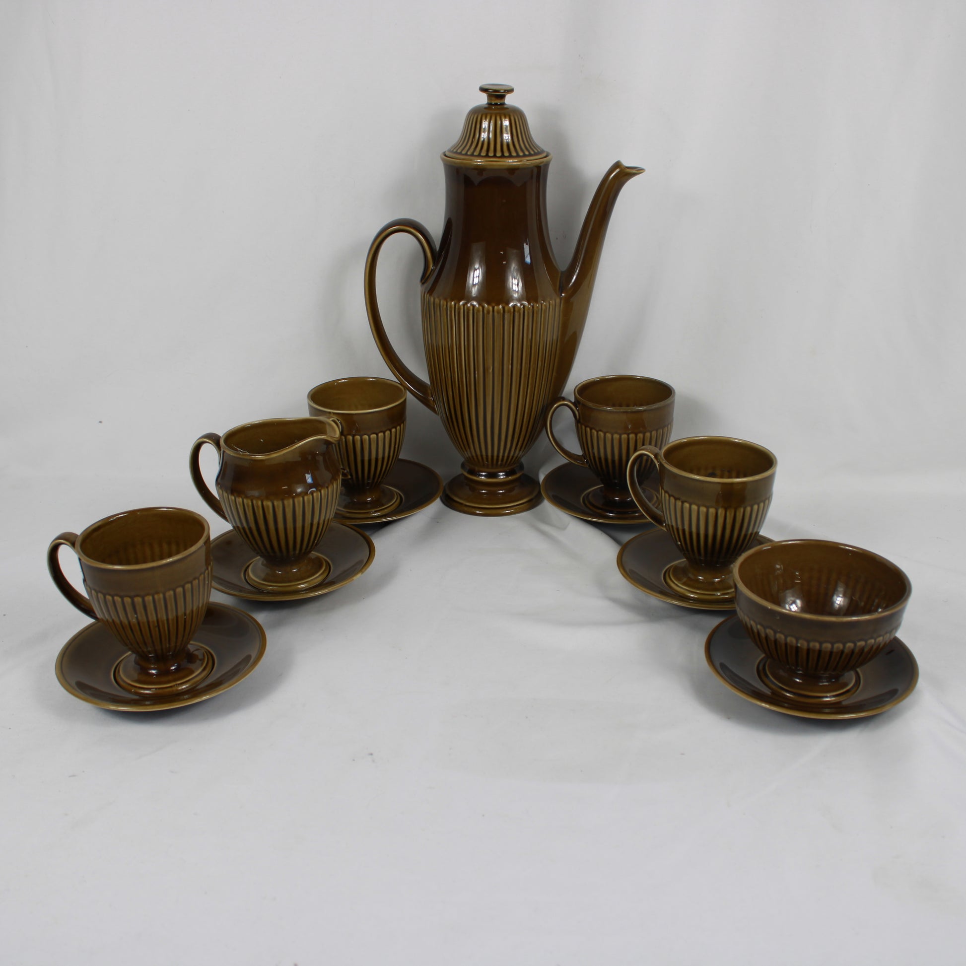 Carlton Ware English Pottery Brown Fluted Coffee Set - 12 Pieces
