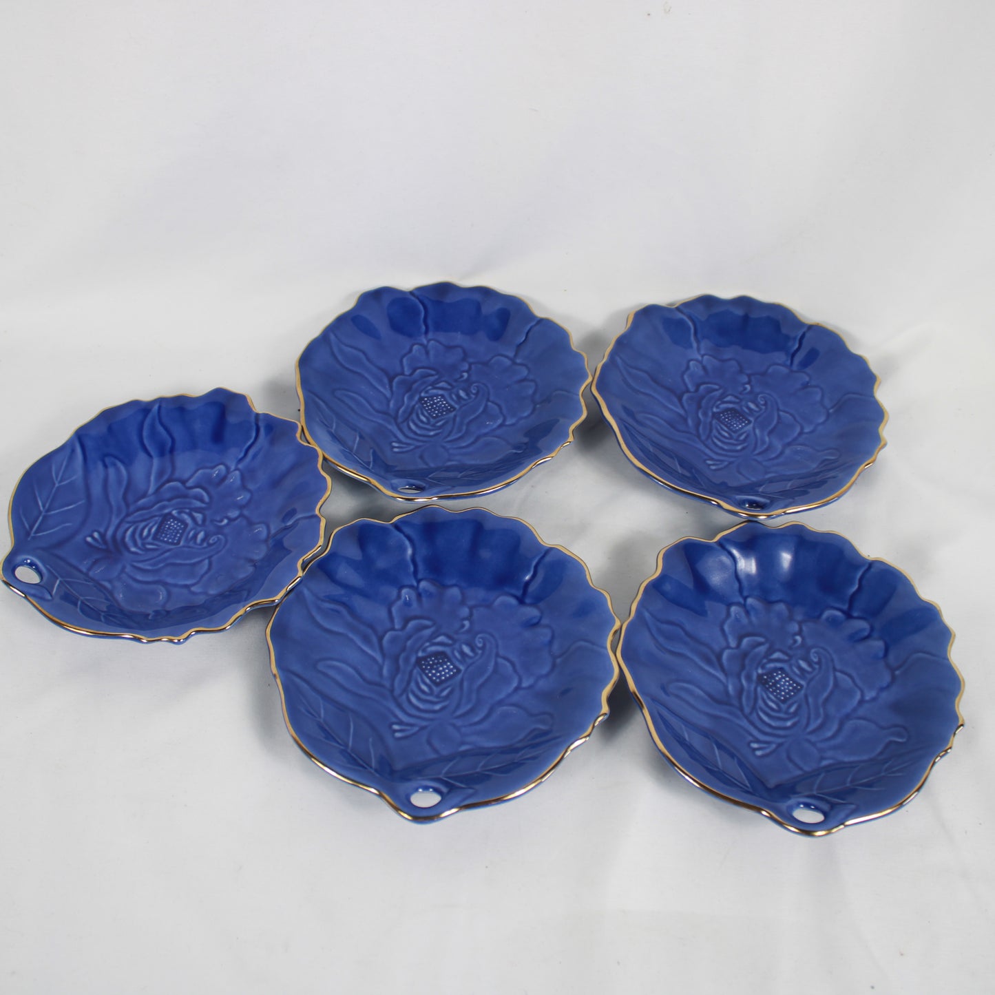 Cobalt Blue Molded Floral Ceramic Plates with Gold Trim - Set of 5