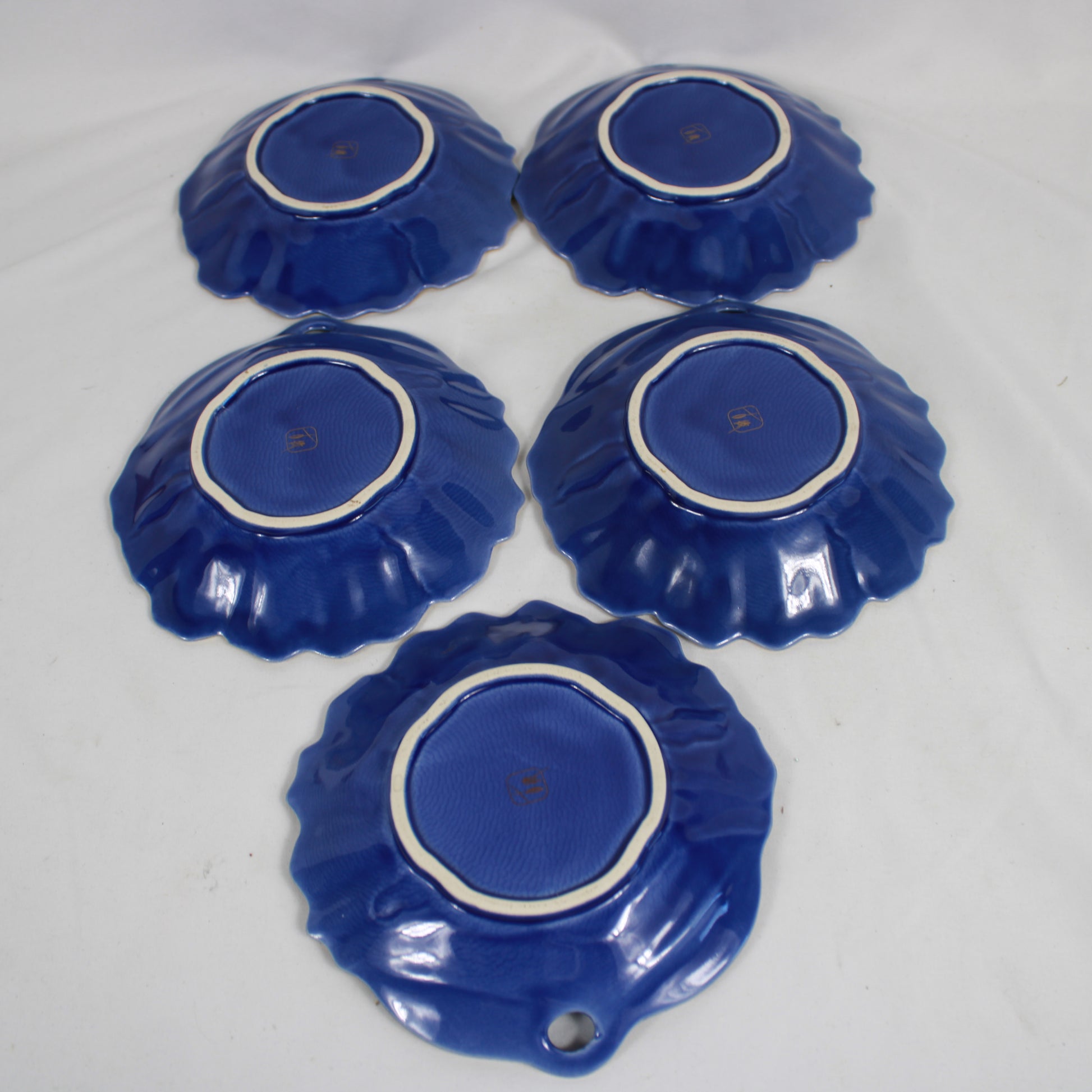 Cobalt Blue Molded Floral Ceramic Plates with Gold Trim - Set of 5