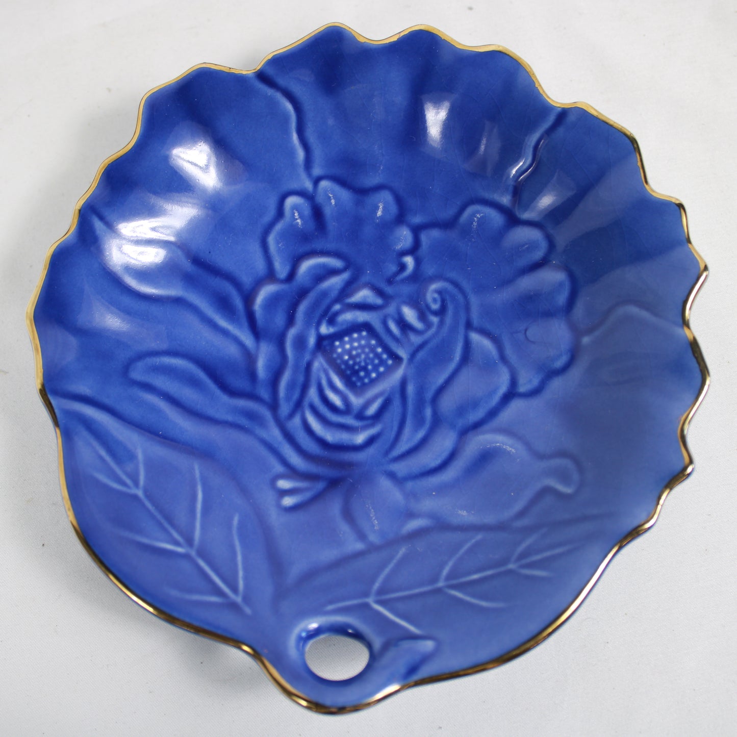 Cobalt Blue Molded Floral Ceramic Plates with Gold Trim - Set of 5