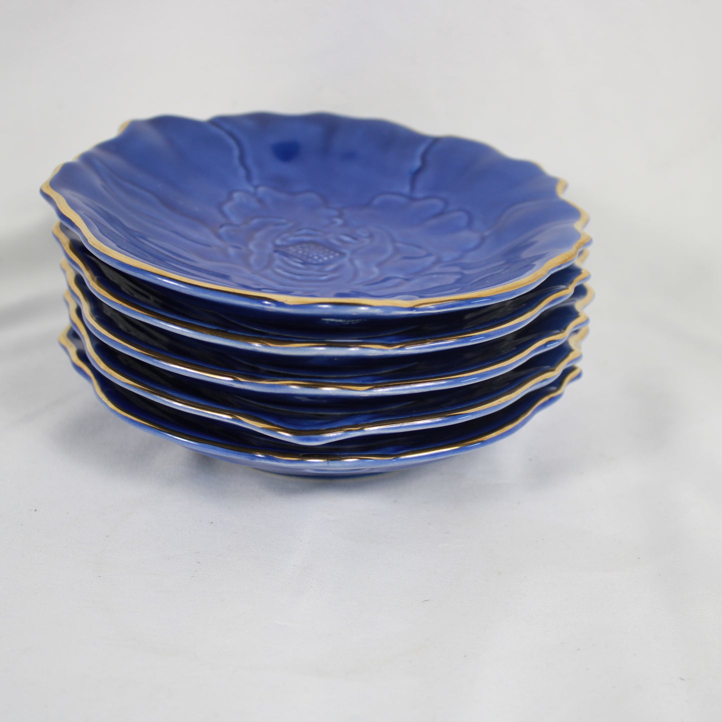Cobalt Blue Molded Floral Ceramic Plates with Gold Trim - Set of 5
