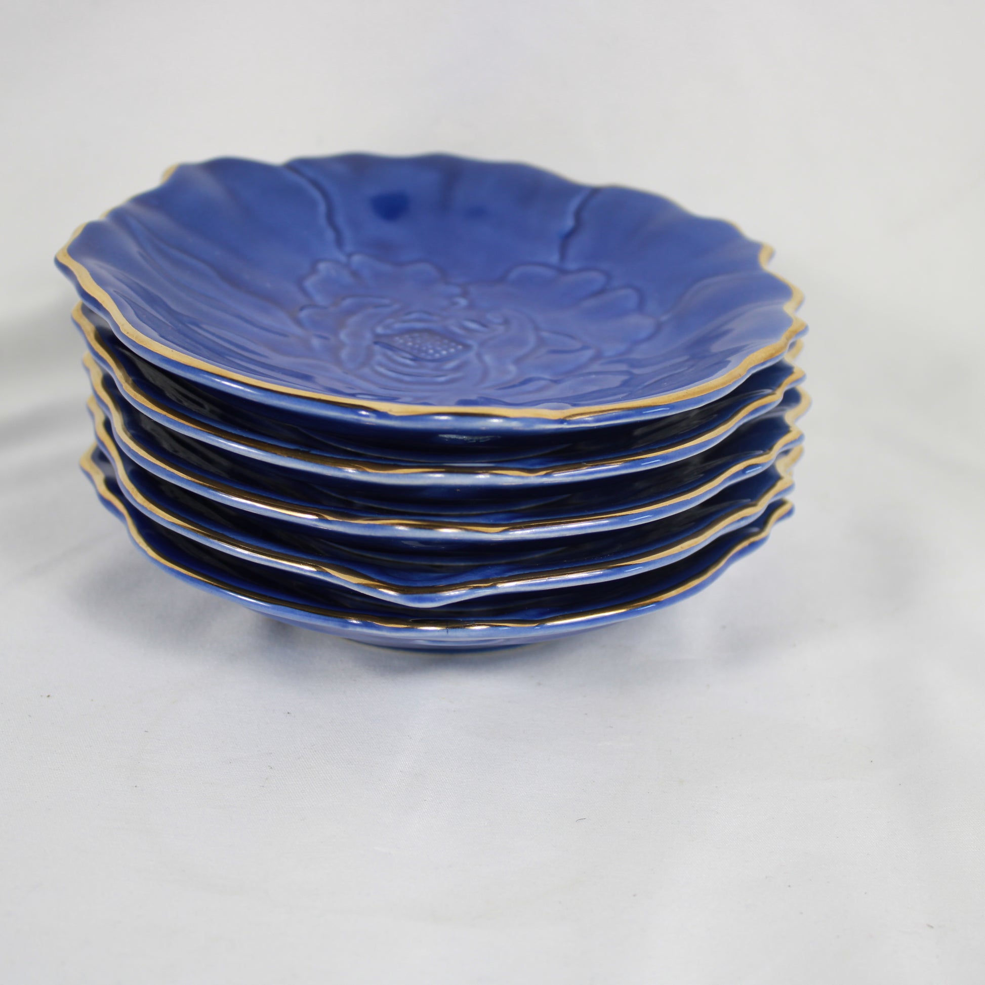 Cobalt Blue Molded Floral Ceramic Plates with Gold Trim - Set of 5