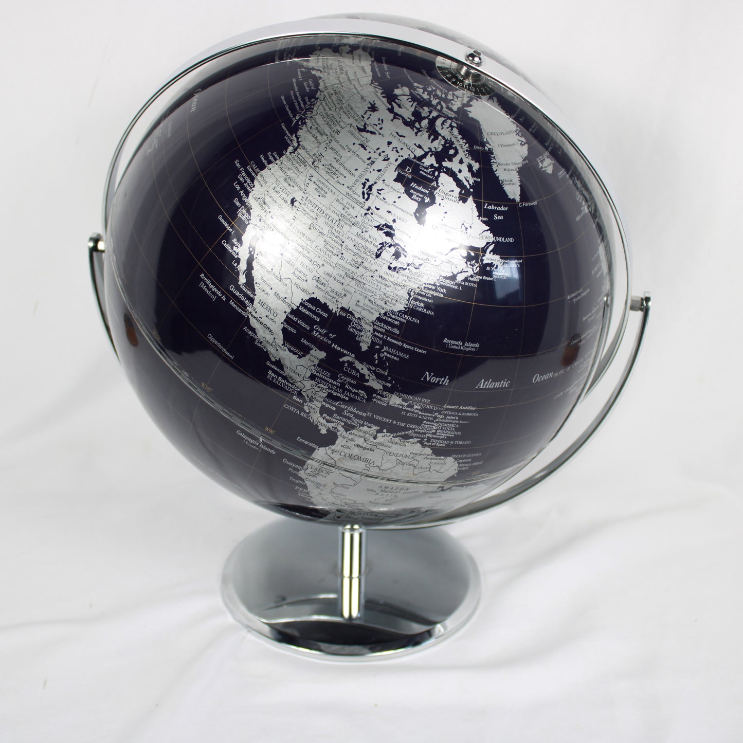 Modern Black and Silver Desktop World Globe – Chrome Full Meridian Stand