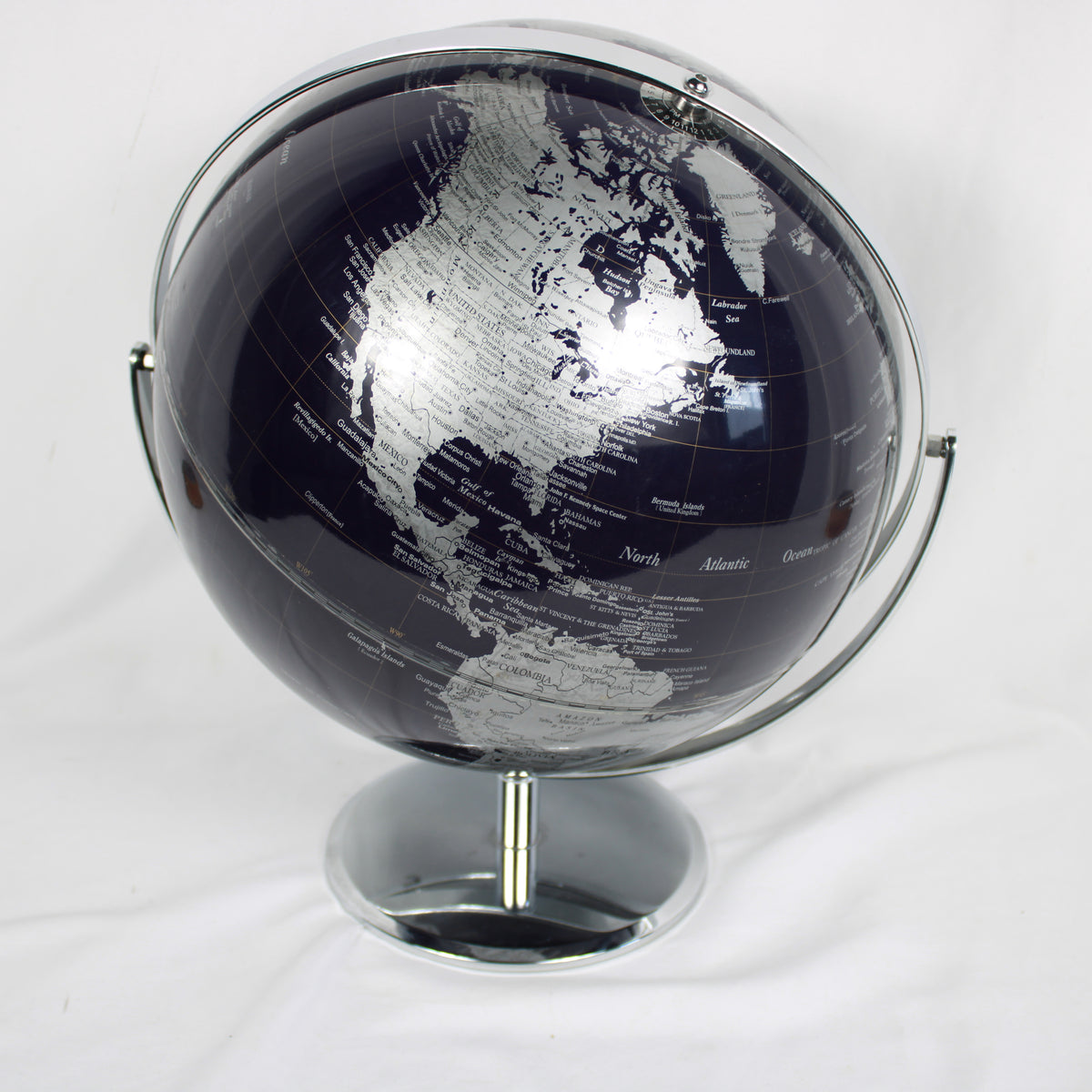 Modern Black and Silver Desktop World Globe – Chrome Full Meridian Stand