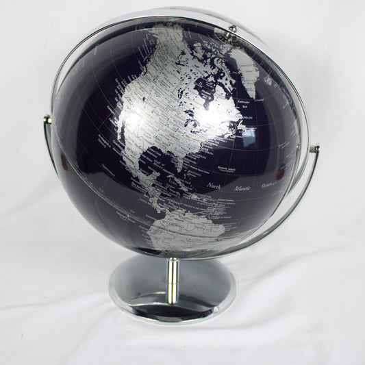 Modern Black and Silver Desktop World Globe – Chrome Full Meridian Stand