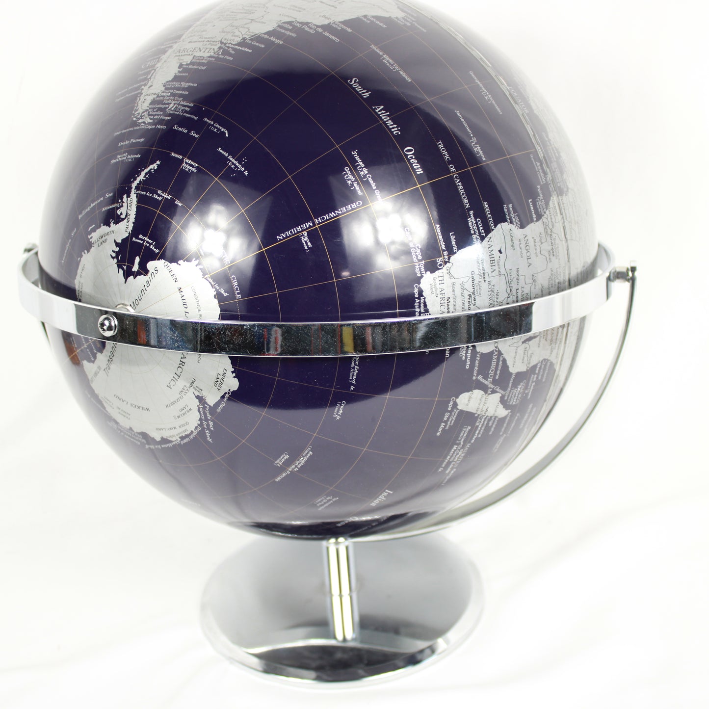 Modern Black and Silver Desktop World Globe – Chrome Full Meridian Stand