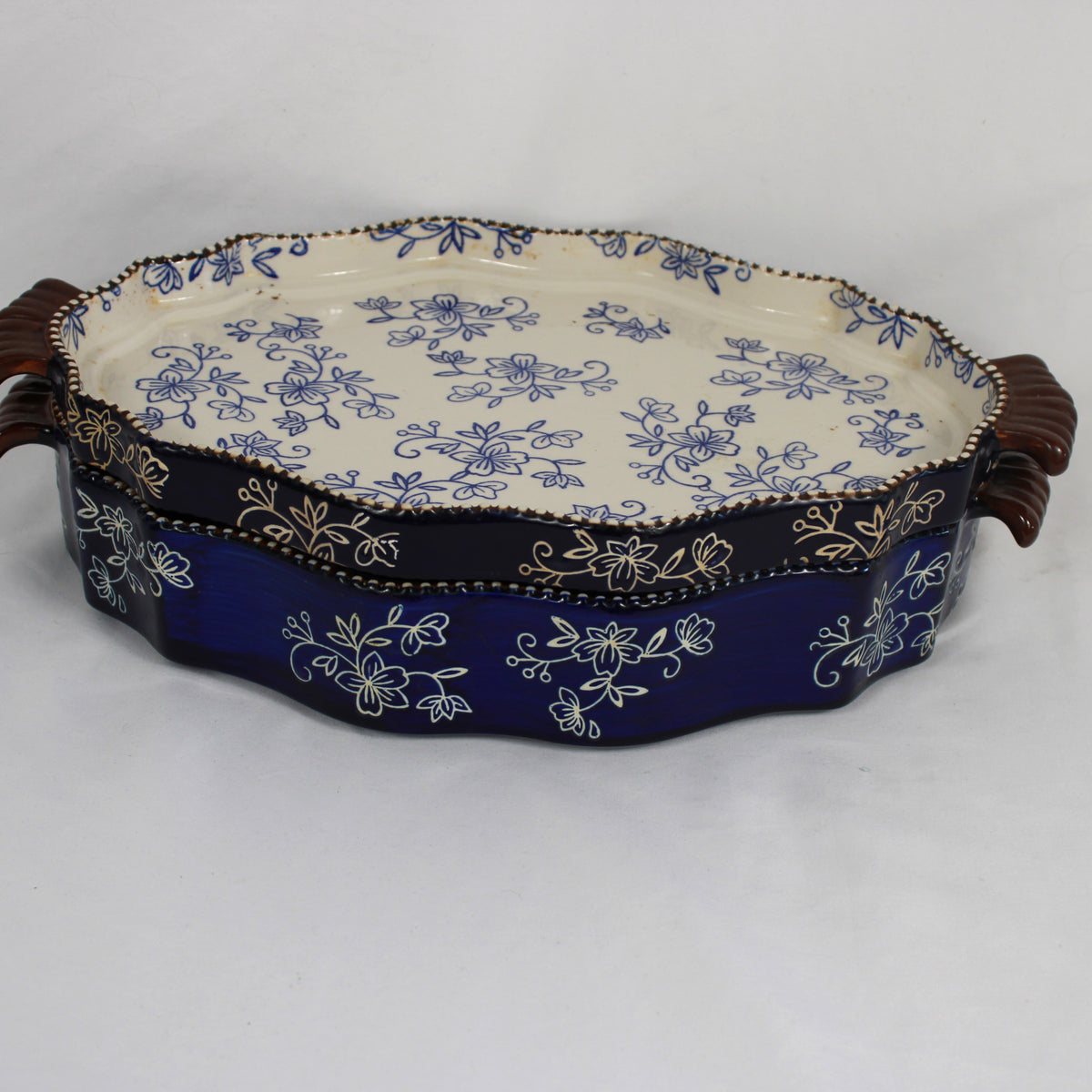 Temp-tations Floral Lace Blue Ceramic Casserole Dish and Platter Set