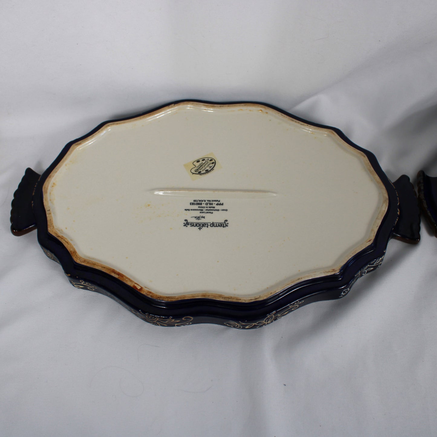 Temp-tations Floral Lace Blue Ceramic Casserole Dish and Platter Set
