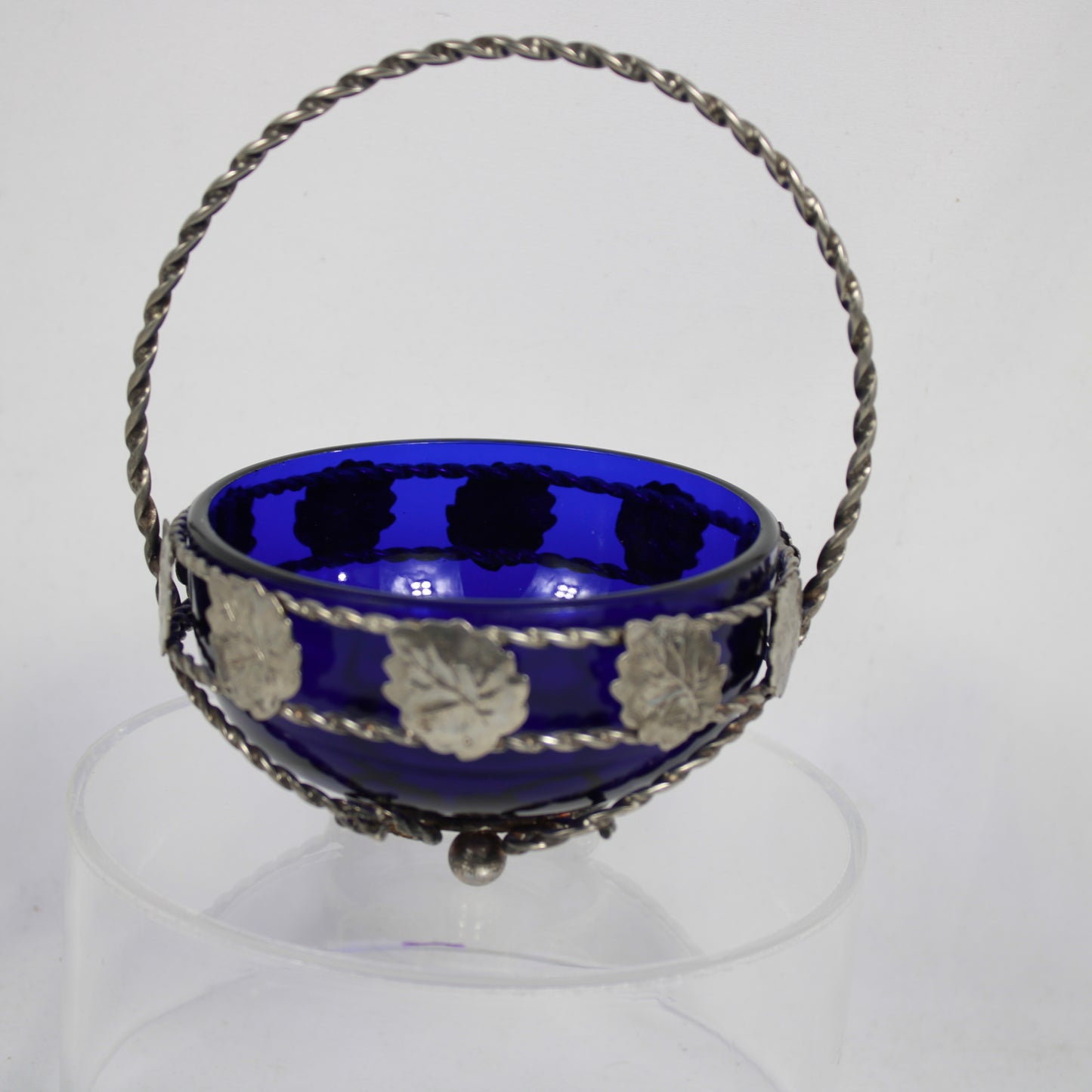 Cobalt Blue Glass Bride's Basket in Filigree Metal Holder