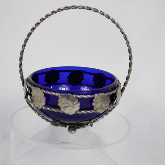 Cobalt Blue Glass Bride's Basket in Filigree Metal Holder