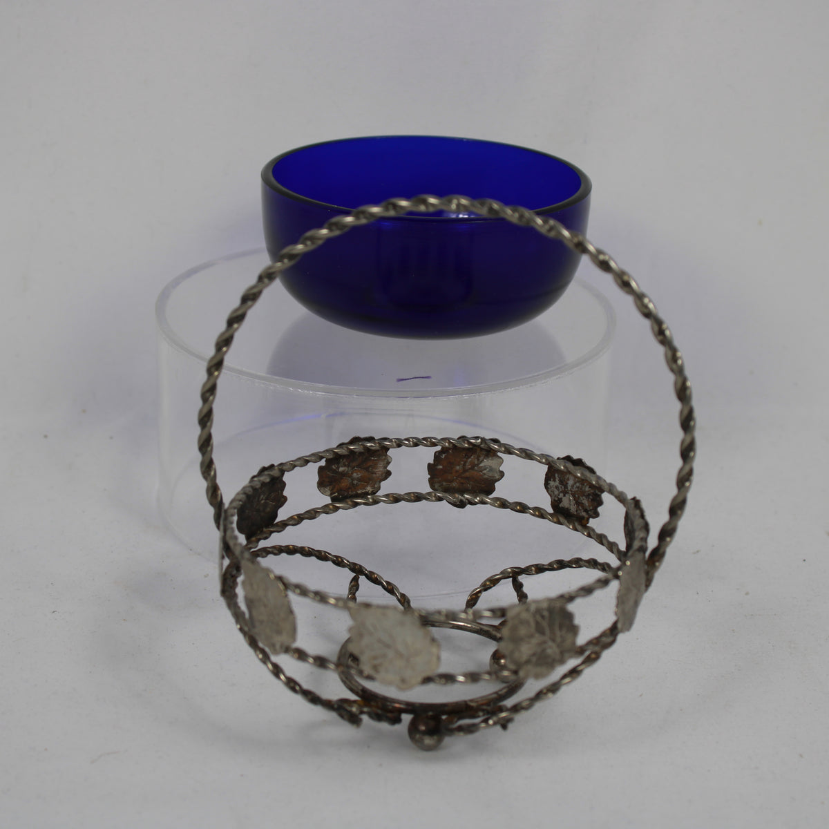 Cobalt Blue Glass Bride's Basket in Filigree Metal Holder
