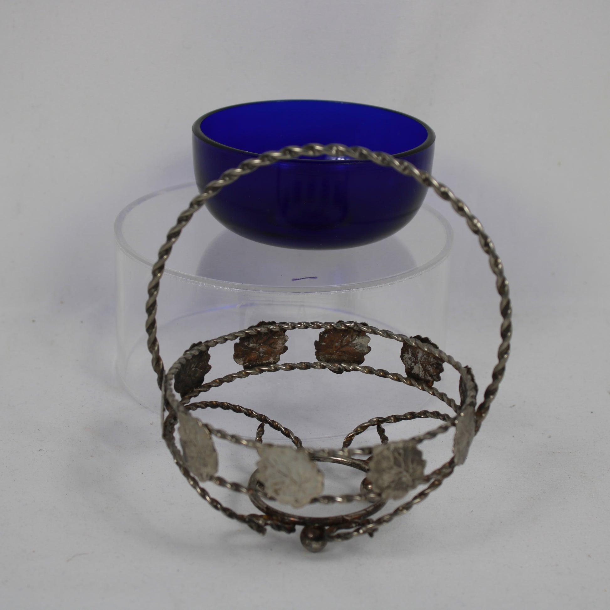 Cobalt Blue Glass Bride's Basket in Filigree Metal Holder