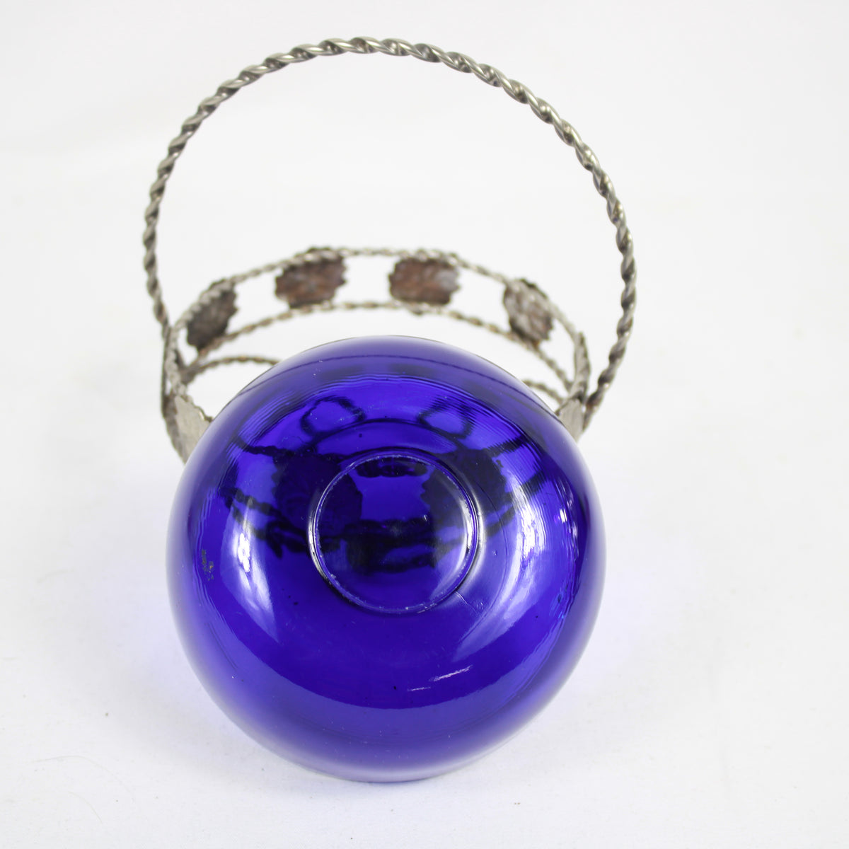 Cobalt Blue Glass Bride's Basket in Filigree Metal Holder