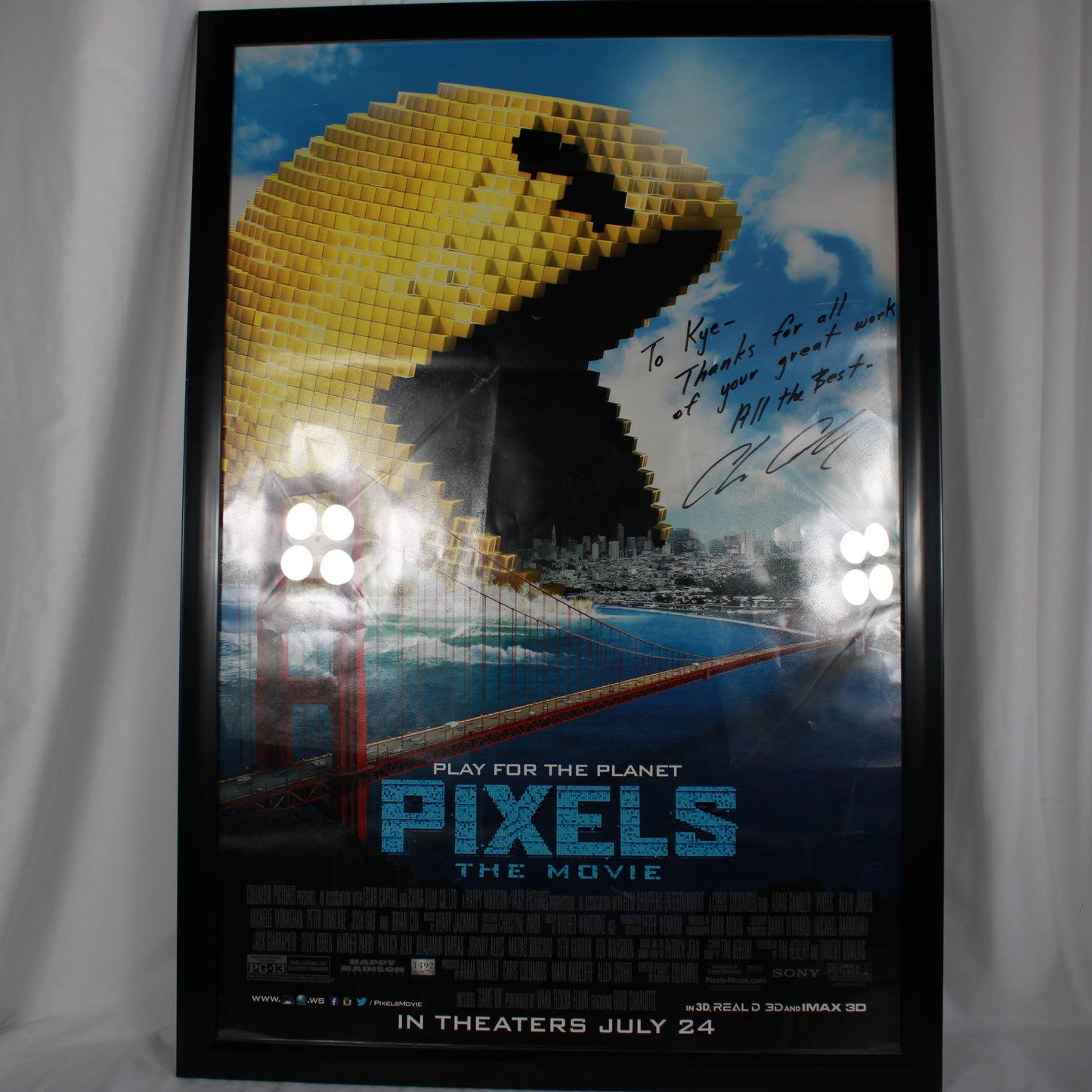 Framed Pixels Movie Poster Signed Director Chris Columbus Inscribed To Kye