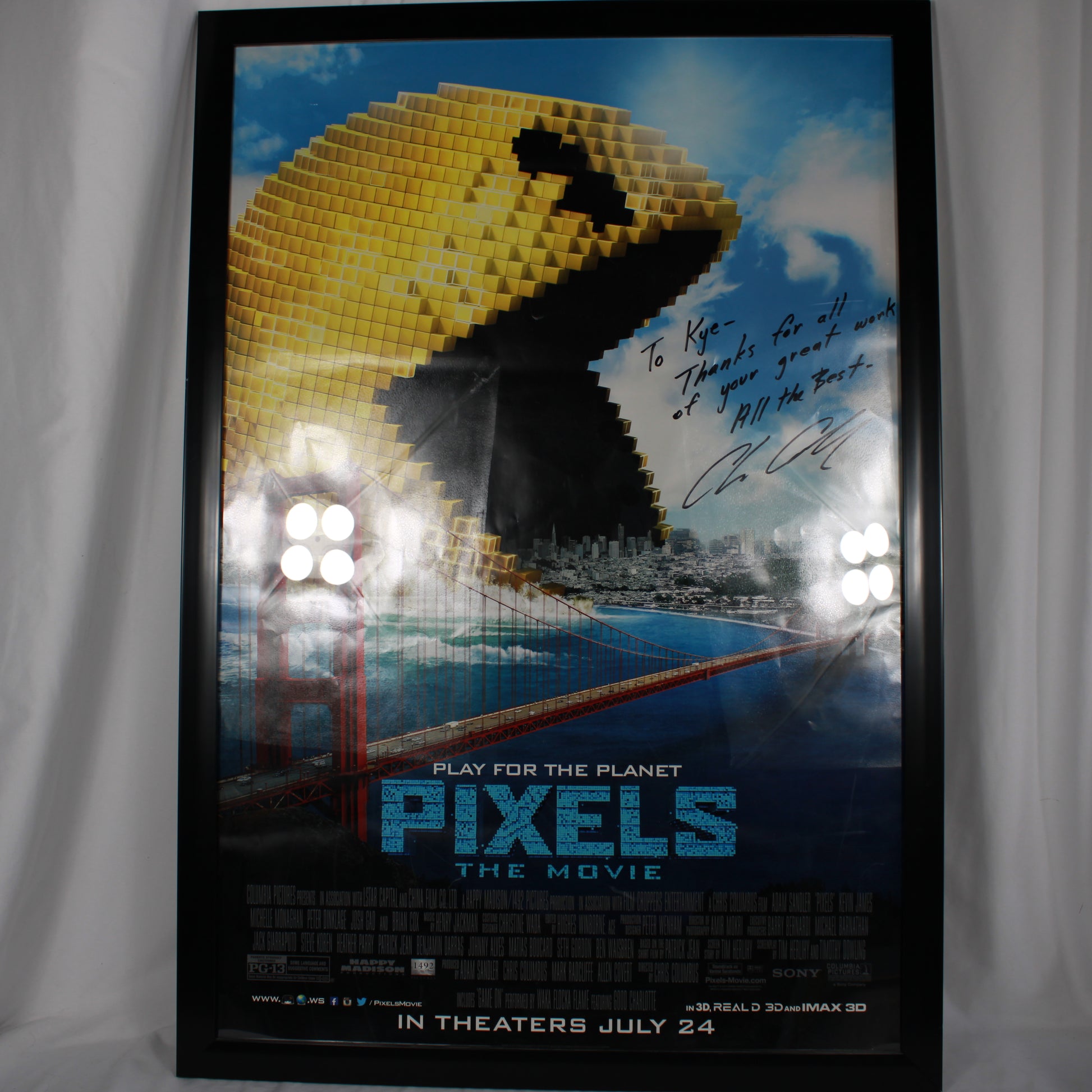 Framed Pixels Movie Poster Signed Director Chris Columbus Inscribed To Kye