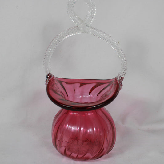 Cranberry Art Glass Basket with Twisted Clear Handle and Swirl Base