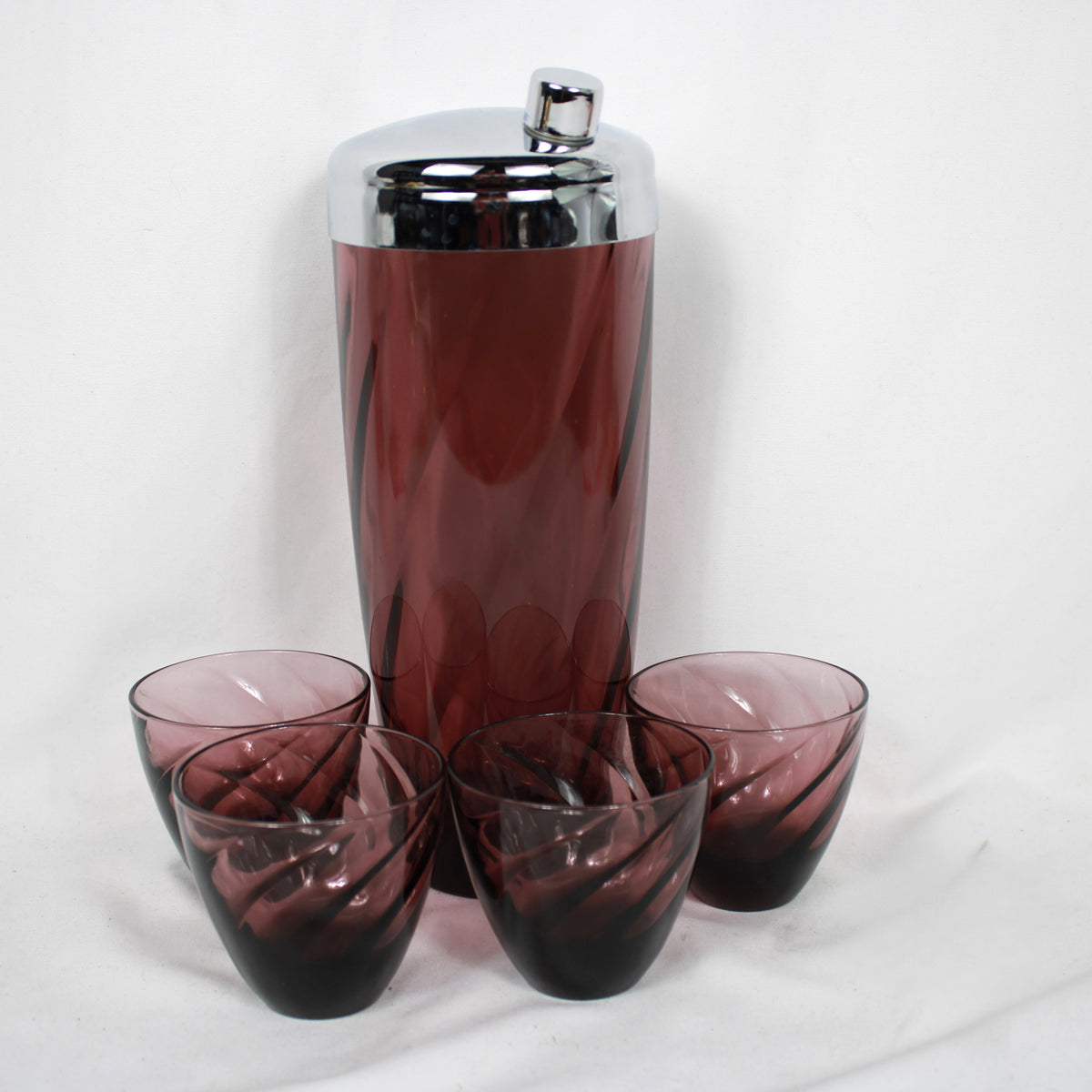 Amethyst Purple Swirl Glass Cocktail Shaker Set with 4 Matching Glasses