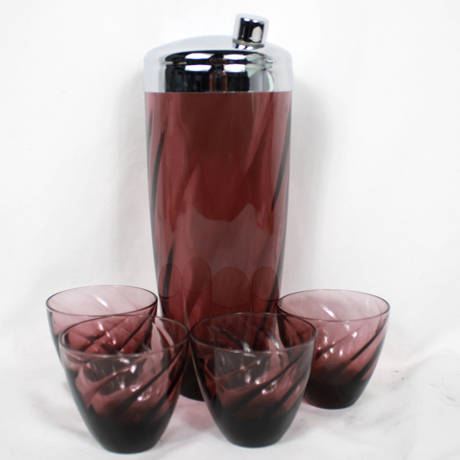 Amethyst Purple Swirl Glass Cocktail Shaker Set with 4 Matching Glasses
