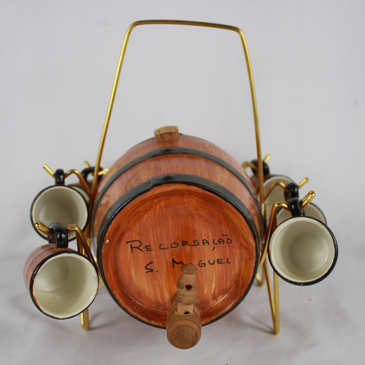 Portuguese Ceramic Wine Barrel Decanter Set with Stand and Cups