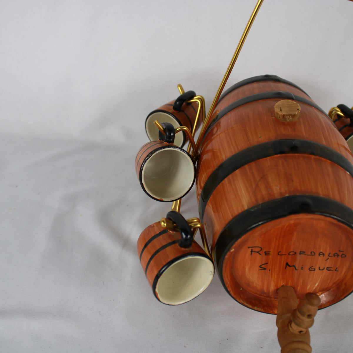 Portuguese Ceramic Wine Barrel Decanter Set with Stand and Cups