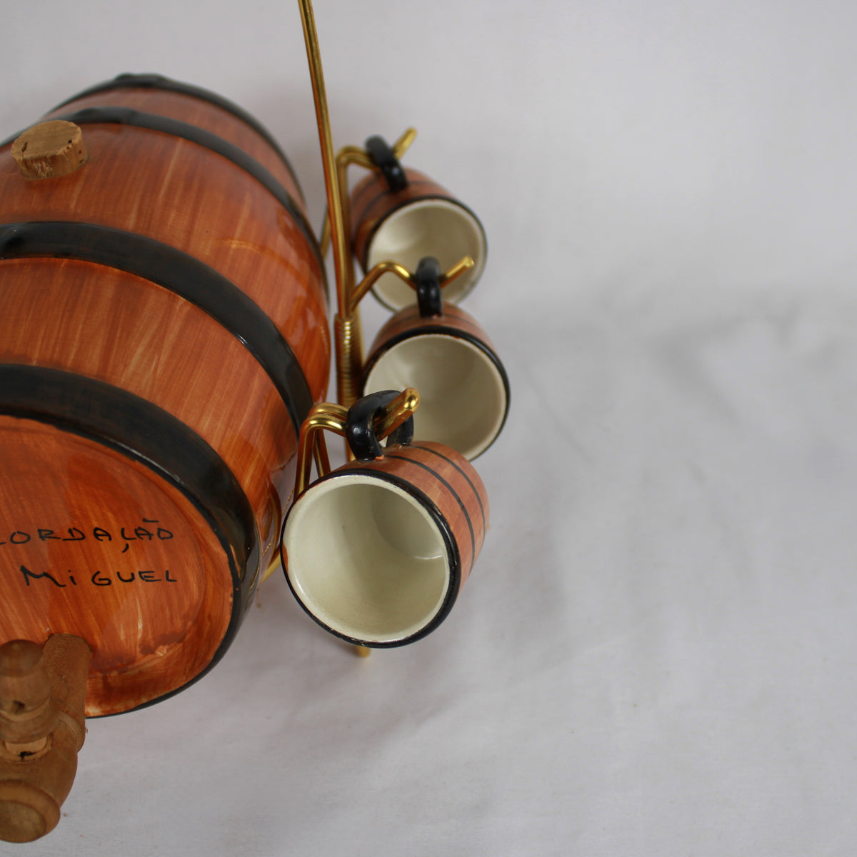 Portuguese Ceramic Wine Barrel Decanter Set with Stand and Cups