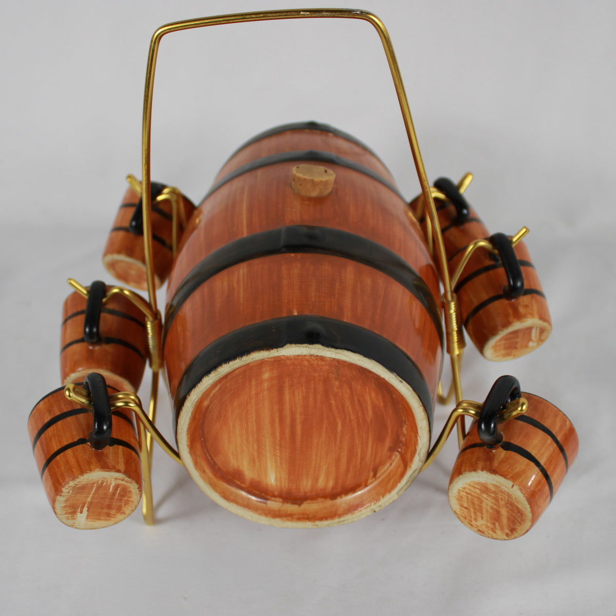 Portuguese Ceramic Wine Barrel Decanter Set with Stand and Cups