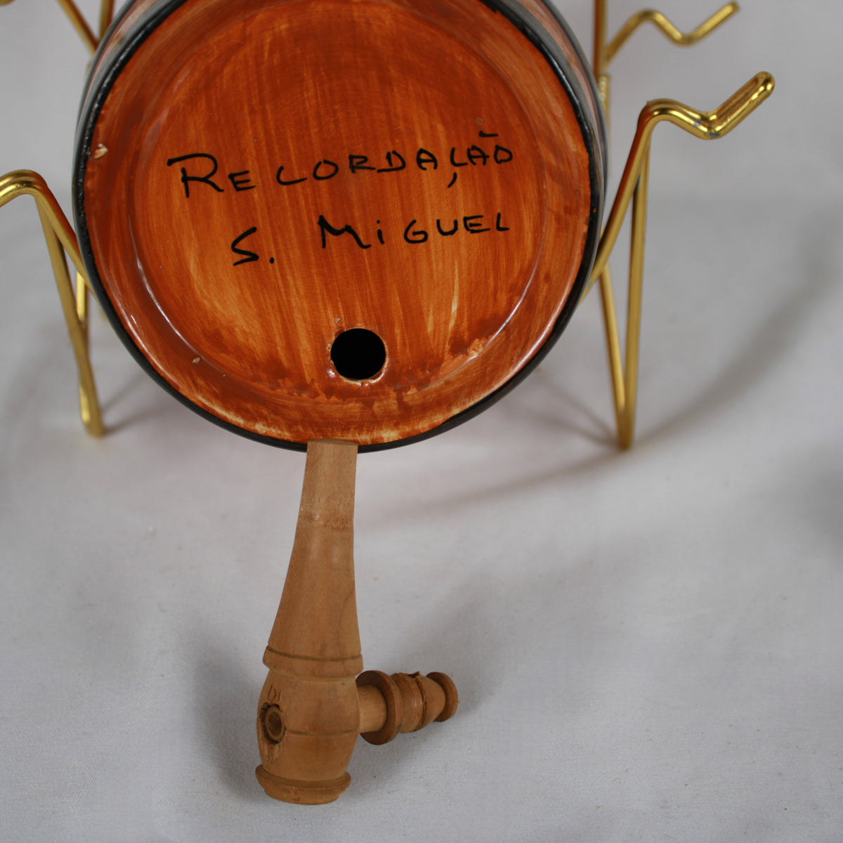 Portuguese Ceramic Wine Barrel Decanter Set with Stand and Cups