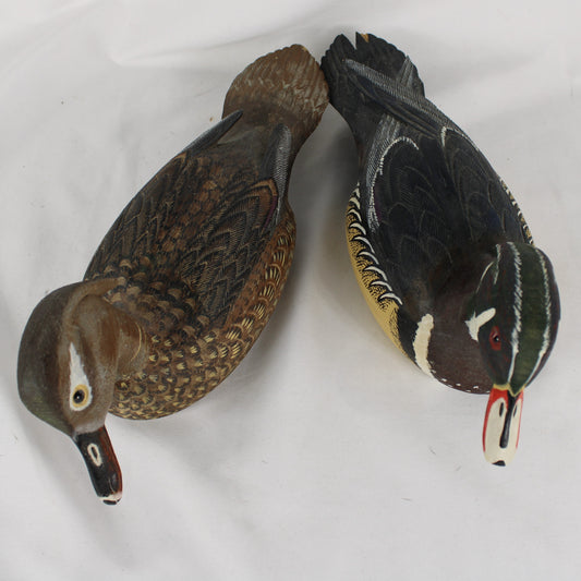 Hand-Carved Wooden Wood Duck Decoys Pair by Ralph Malpage (1988)