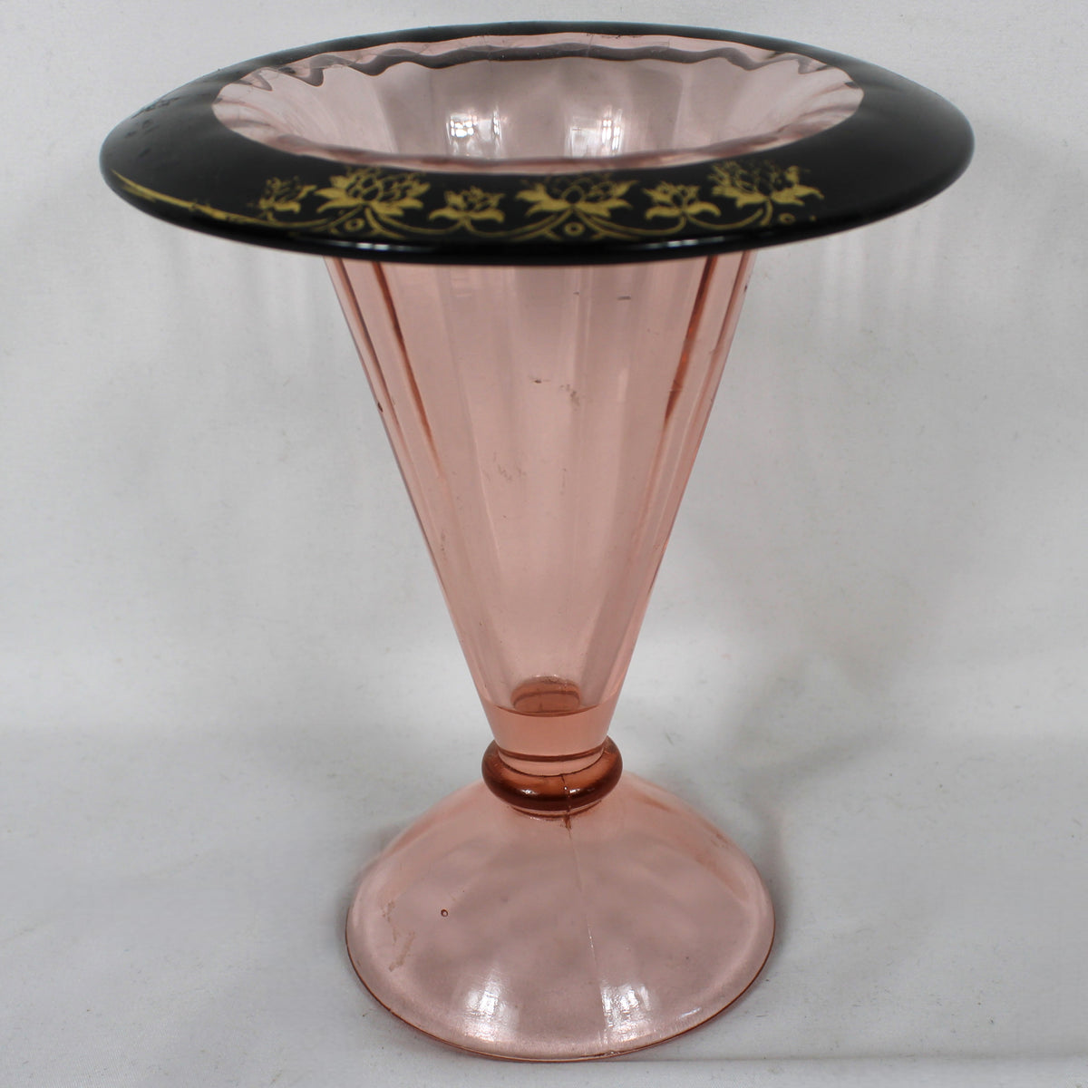 Pink Glass Trumpet Vase with Black & Gold Floral Stenciled Rim
